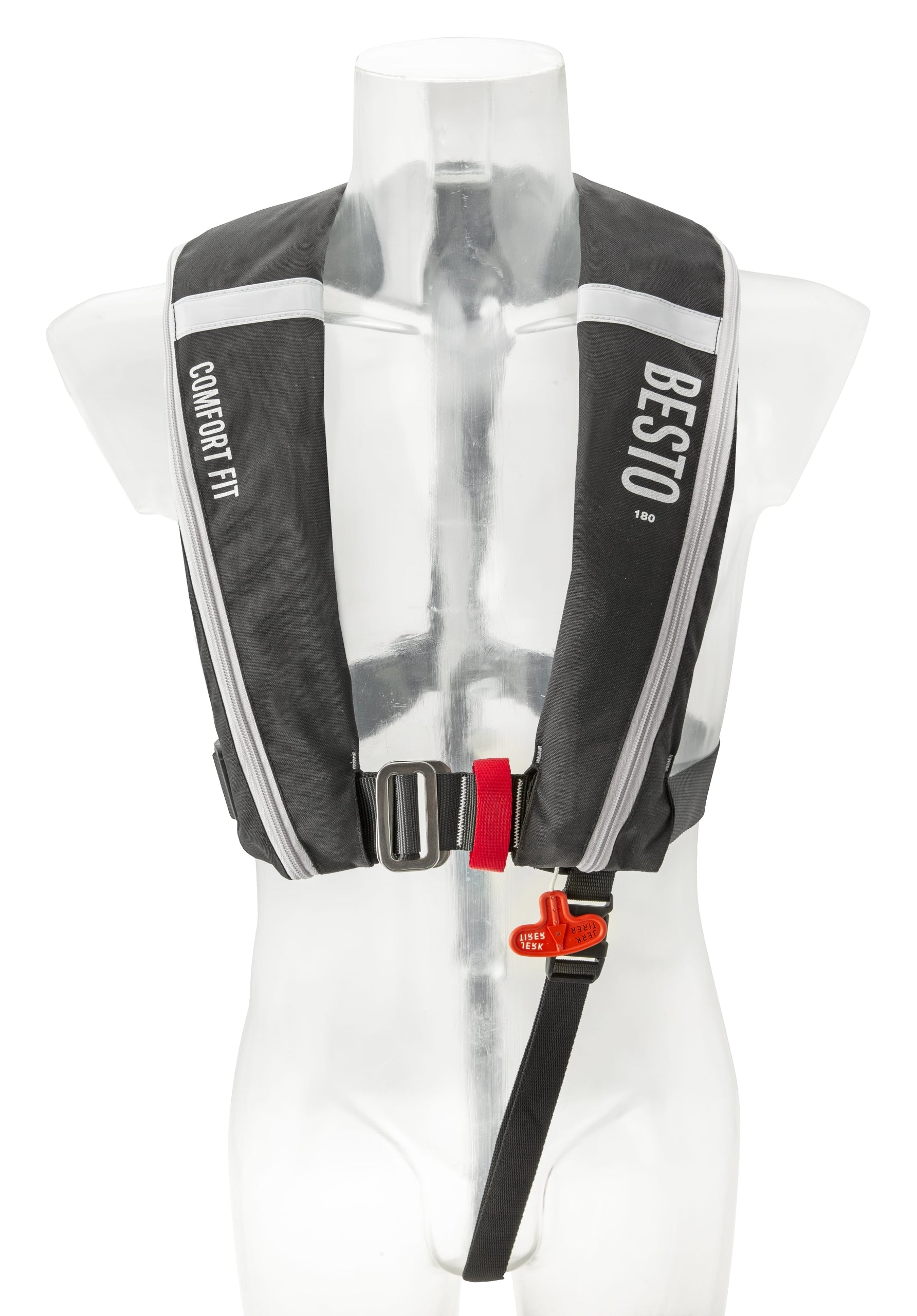 Besto Comfort Fit 180N automatische Rettungsweste mit Harness, Schwarz/Grau – Produktansicht