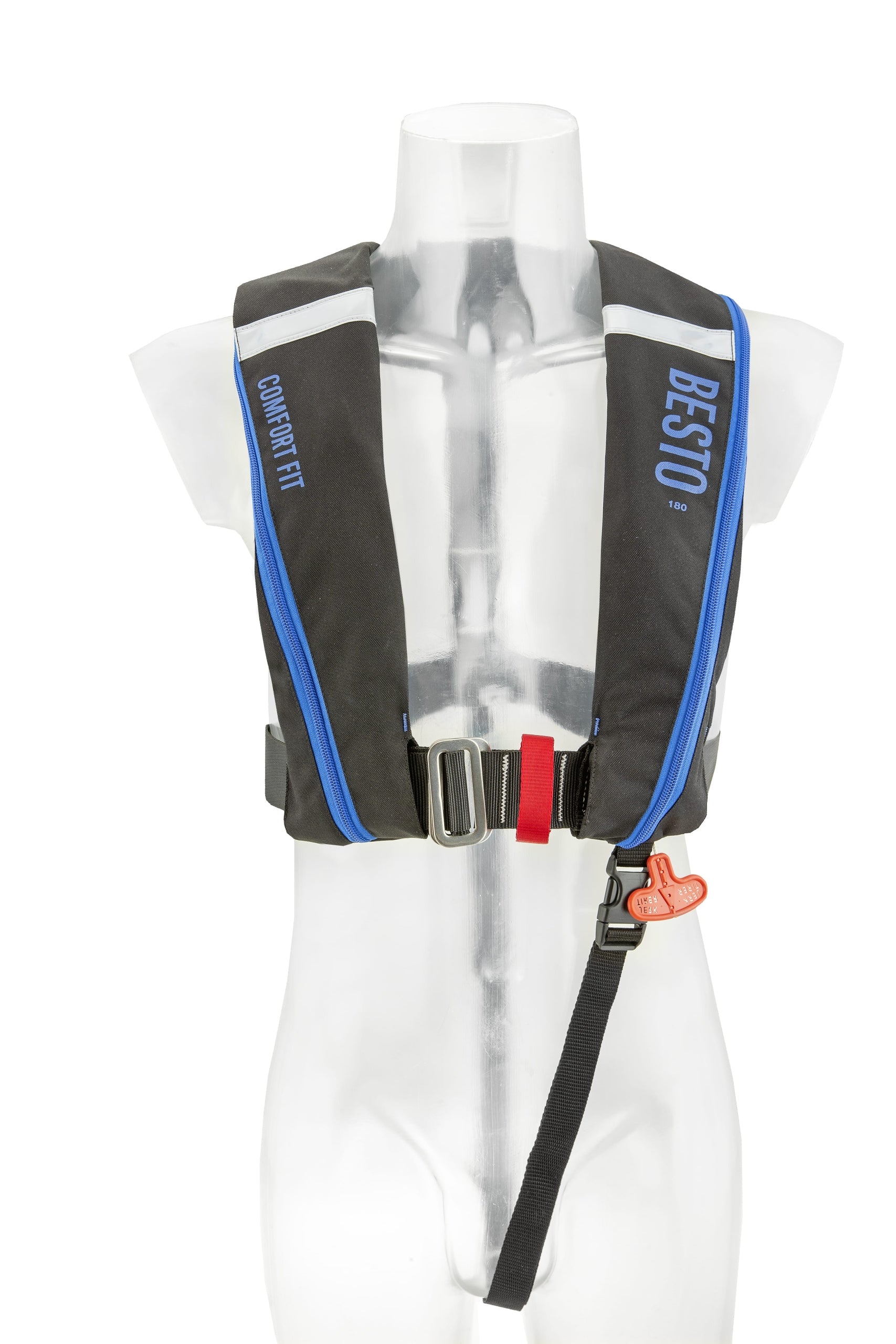 Besto Comfort Fit 180N automatische Rettungsweste mit Harness, Schwarz/Blau – Produktansicht