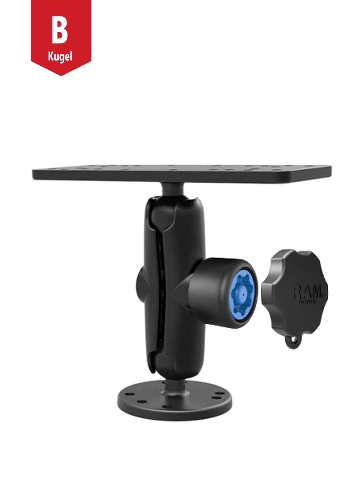 RAM MOUNTS AUFBAU-SET MIT PIN-LOCK SICHERUNG - B-KUGEL (1 ZOLL), RUNDE BASISPLATTE (AMPS), MITTLERER VERBINDUNGSARM MIT PIN-LOCK SICHERUNG, PIN-LOCK ADAPTER, UNIVERSAL-ADAPTERPLATTE