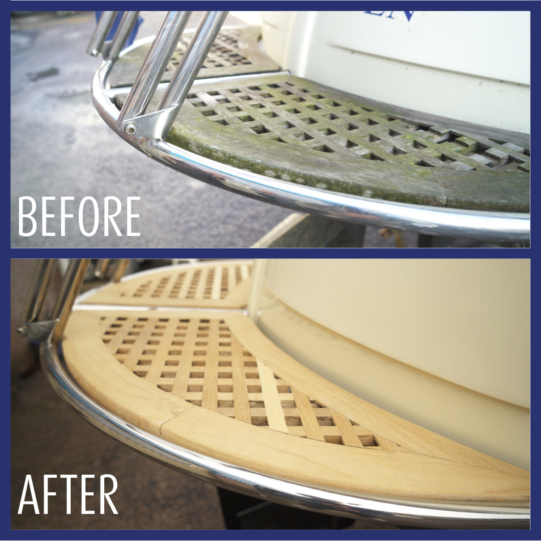 ProFa Clean Teak-Pflegeset 2 × 1 L mit Besenbürste – Anwendung am Boot 2