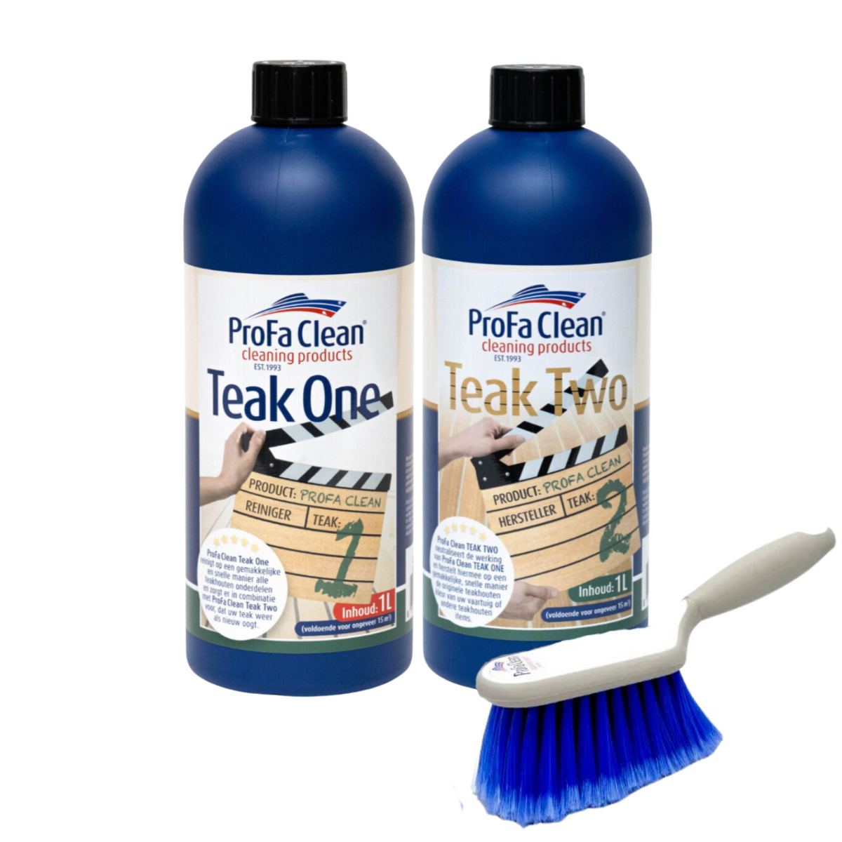ProFa Clean Teak-Pflegeset 2 × 1 L mit Handbürste Deluxe – Produktansicht