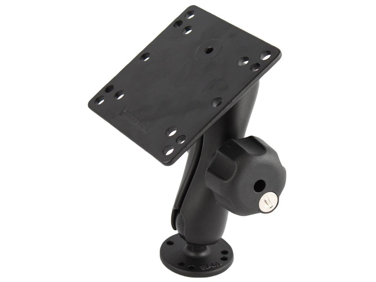 RAM Mounts Aufbau-Set (verschließbar) - runde Basisplatte (AMPS), mittlerer Verbindungsarm (mit Sicherungsschloß), VESA-Platte (75x75 u. 100x100 mm Lochraster), C-Kugel (1,5 Zoll) – Produktansicht