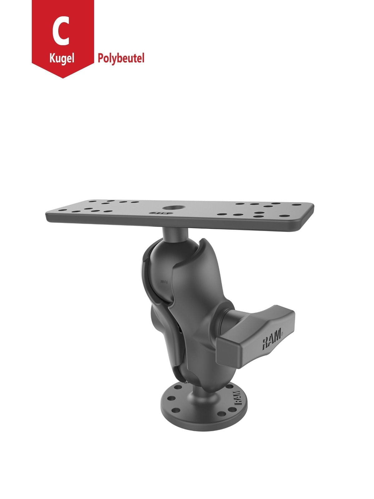 RAM Mounts mounting kit - round base plate (AMPS), short connecting arm, adapter plate (various hole patterns), C-ball (1.5 inch)