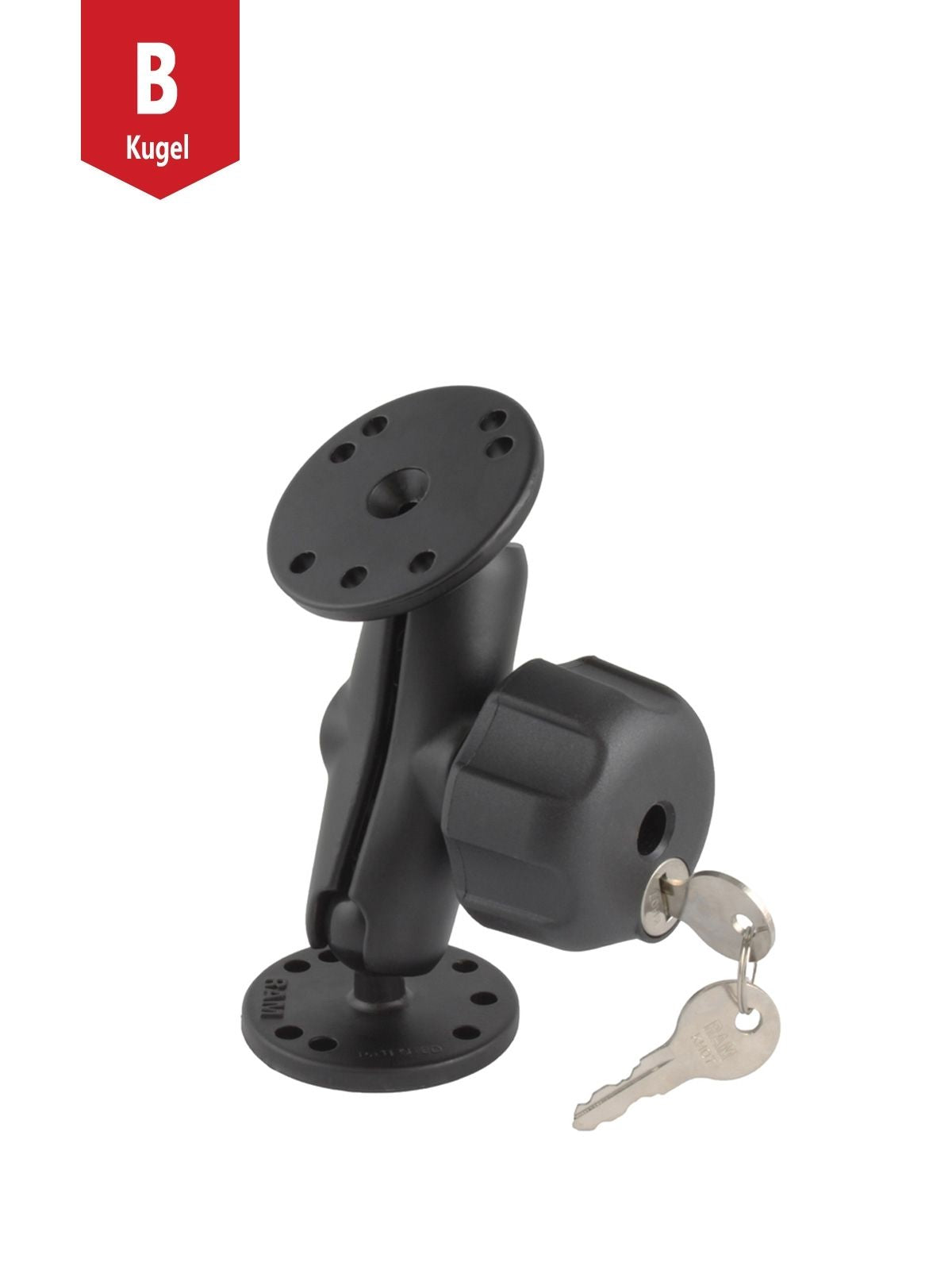 RAM Mounts Aufbau-Set mit Sicherungschloss - B-Kugel (1 Zoll) - 2x Runde Basisplatten (AMPS) - Mittlerer Verbindungsarm (ca. 94,74 mm) – Produktansicht