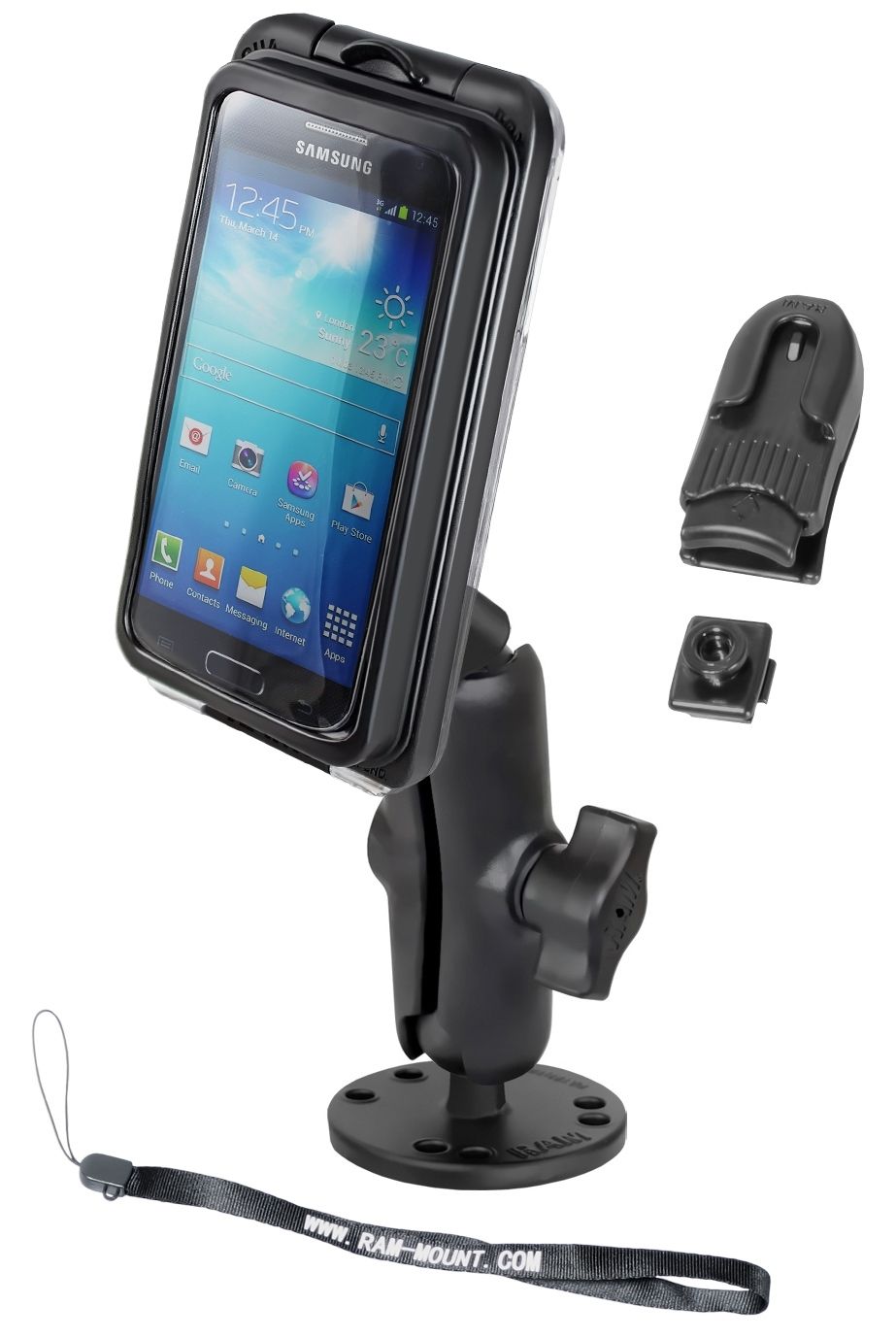 RAM Mounts Aufbauhalterung mit Aqua Box PRO 20 - runde Basisplatte, mittlerer Verbindungsarm, B-Kugel (1 Zoll), Gürtel-Clip, Handschlaufe – Produktansicht