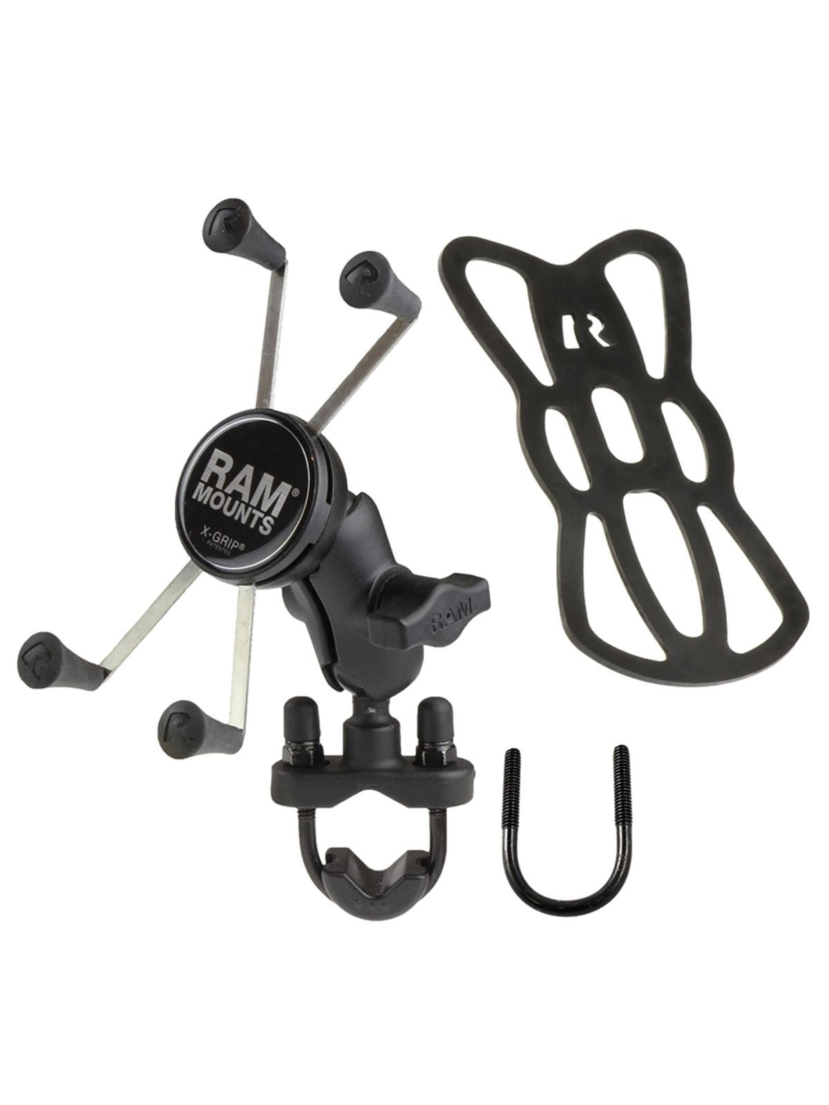 RAM Mounts X-Grip Lenker-Halterung für Smartphones - Bis 114,3 mm Breite - Kurzer Verbindungsarm - U-Bügel Basis (Durchmesser 12,7 mm bis 31,75 mm) - B-Kugel (1 Zoll) – Produktansicht