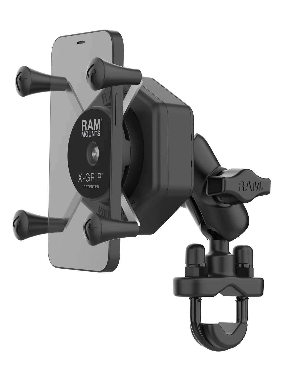 RAM Mounts X-Grip Lenker-/Rohr-Halterung für Smartphones bis 82,6 mm Breite mit Vibe-Safe Adapter - B-Kugel (1 Zoll), Rohr-Klemme, kurzer Verbindungsarm – Produktansicht