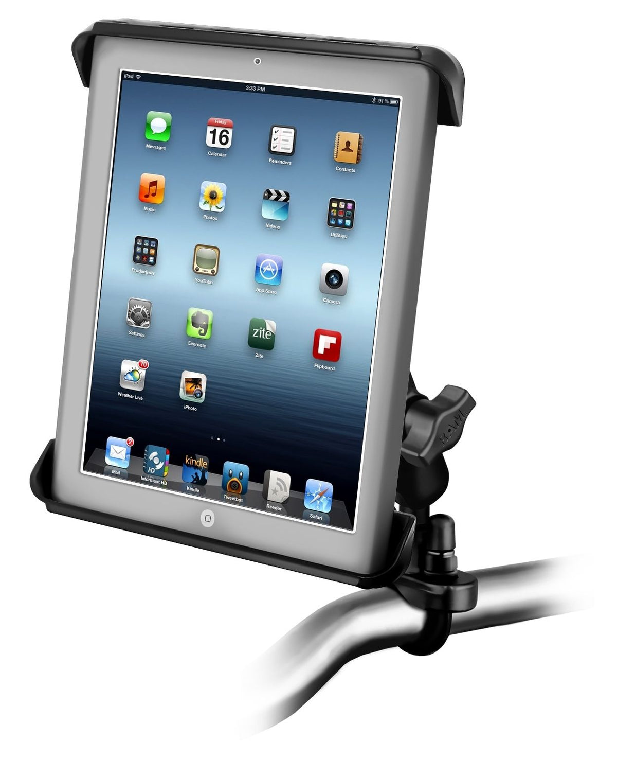 RAM Mounts Lenker- & Rundrohr-Set mit Tab-Tite Universalhalterung für bis zu 10 Zoll Tablets - B-Kugel (1 Zoll) - Runde Basisplatte - Mittlerer Verbindungsarm (ca. 94,74 mm) - U-Bügel Klemmbasis (Klemmbereich 12,7 - 31,8 mm) – Produktansicht