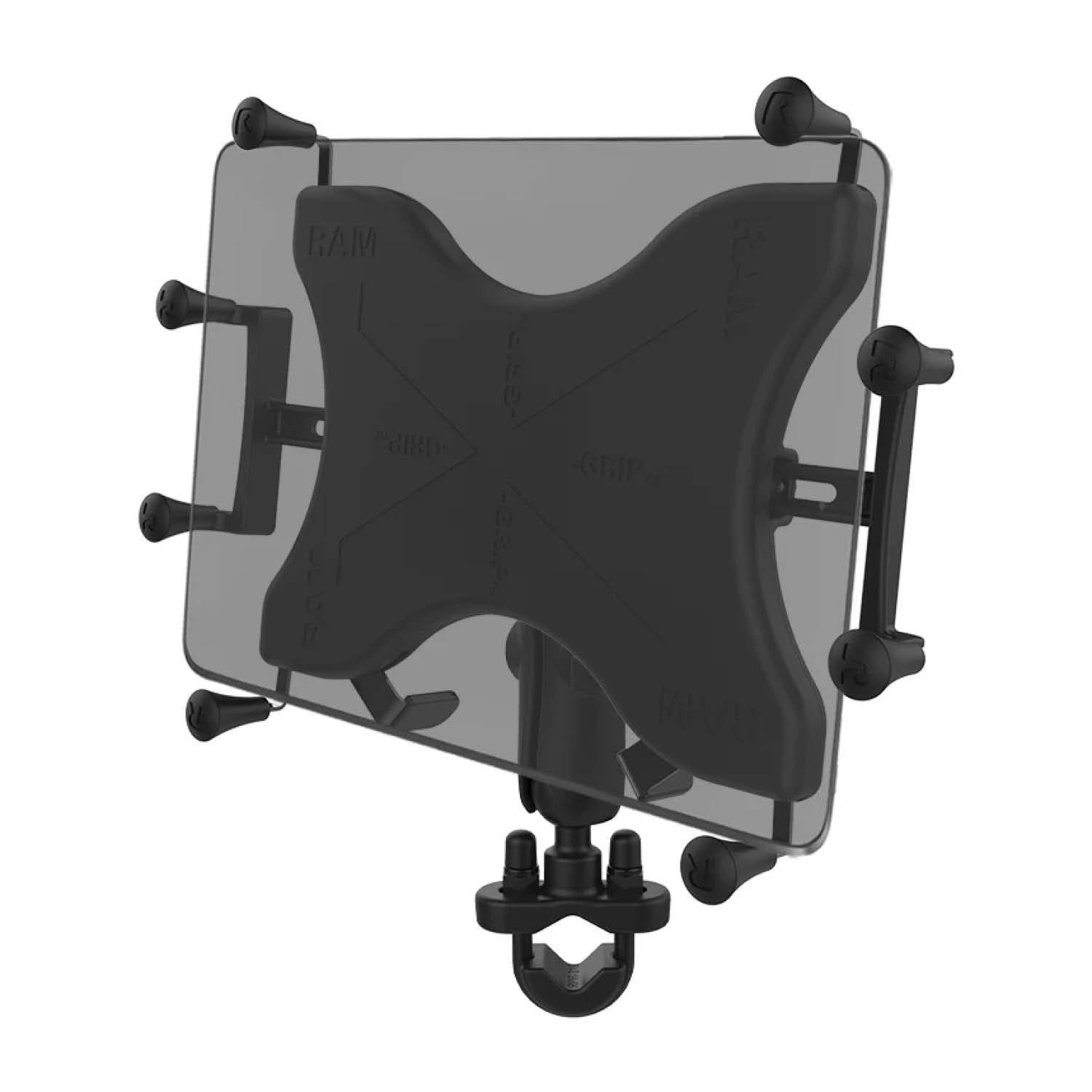 RAM Mounts X-Grip Lenker-Halterung für 12-13 Zoll Tablets - Runde Basisplatte - Mittlerer Verbindungsarm - U-Bügel Basis (Durchmesser 12,7 mm bis 31,75 mm) - B-Kugel (1 Zoll) – Produktansicht