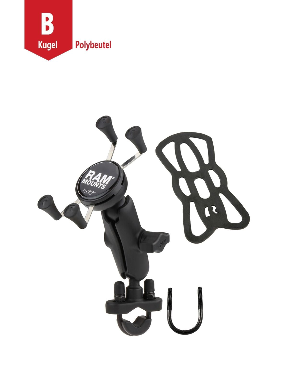 RAM Mounts X-Grip Lenker-Halterung für Smartphones - Bis 82,55 mm Breite - Mittlerer Verbindungsarm - U-Bügel Basis (Durchmesser 12,7 mm bis 31,75 mm) - B-Kugel (1 Zoll) – Produktansicht