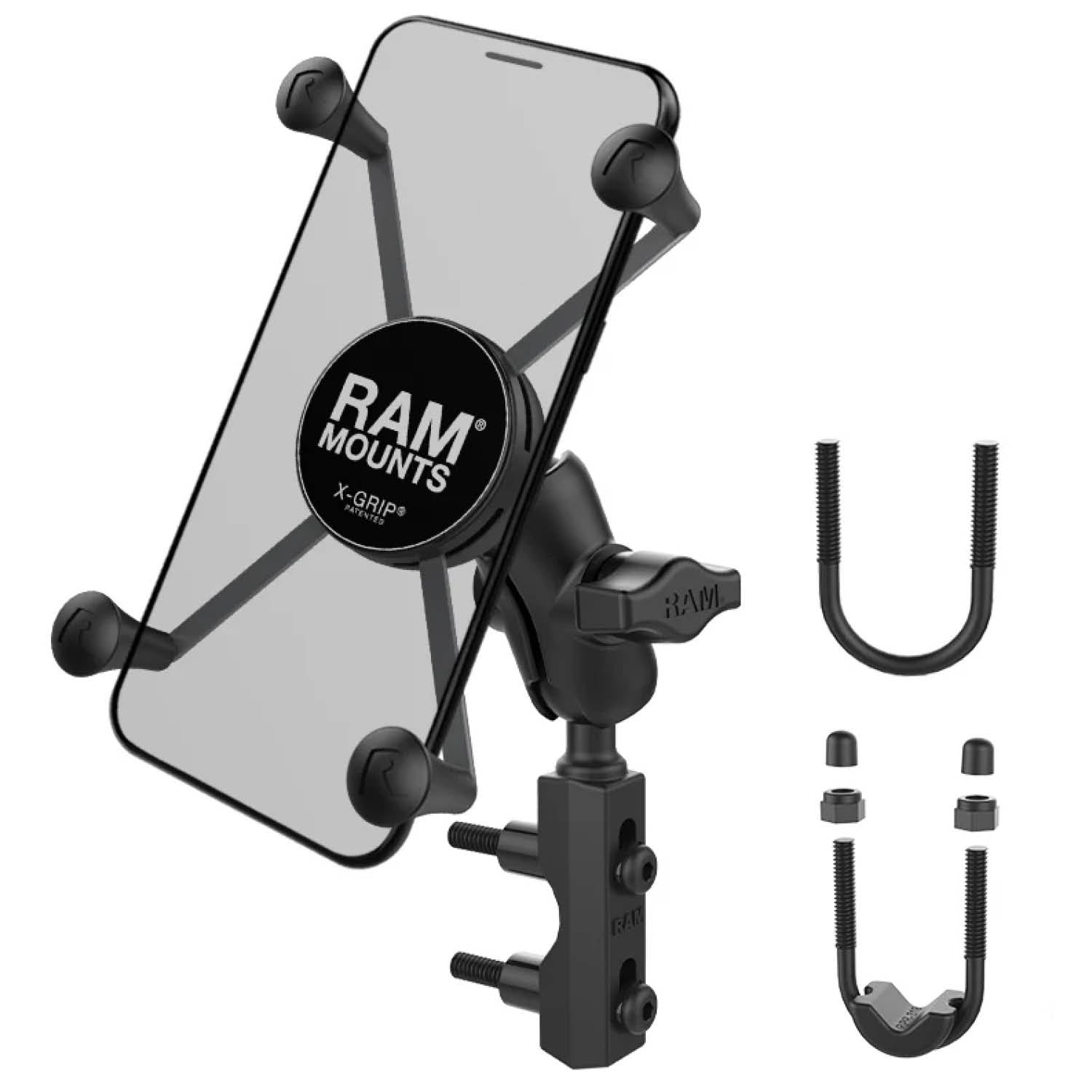 RAM Mounts X-Grip Motorrad-Halterung für Smartphones - Bis 114,3 mm Breite - Kurzer Verbindungsarm - Basisbefestigung (Lenker/Bremse/Kupplung/Rohre - 12,7 mm - 31,75 mm Durchmesser) - B-Kugel (1 Zoll) - Schrauben-Set – Produktansicht