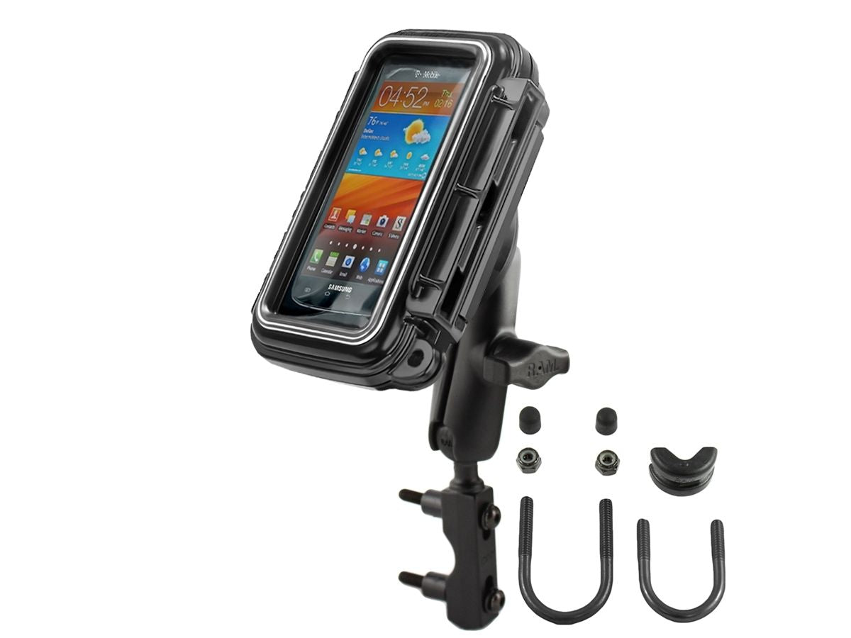 RAM Mounts Motorrad-Halterung mit mittlerer Aqua Box - Basisbefestigung für Lenker/Bremse/Kupplung, mittlerer Verbindungsarm, B-Kugel (1 Zoll), im Pol – Produktansicht