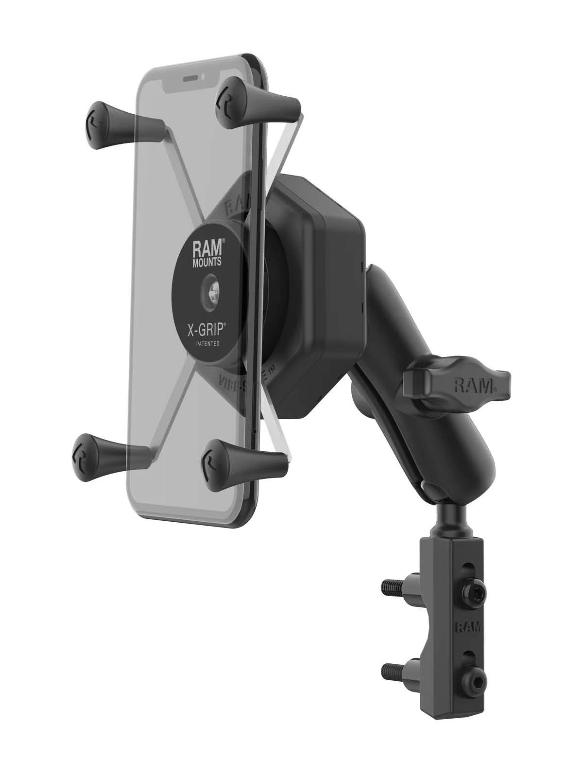RAM Mounts X-Grip Motorrad-Halterung für Smartphones bis 114,3 mm Breite mit Vibe-Safe Adapter - B-Kugel (1 Zoll), mittlerer Verbindungsarm – Produktansicht