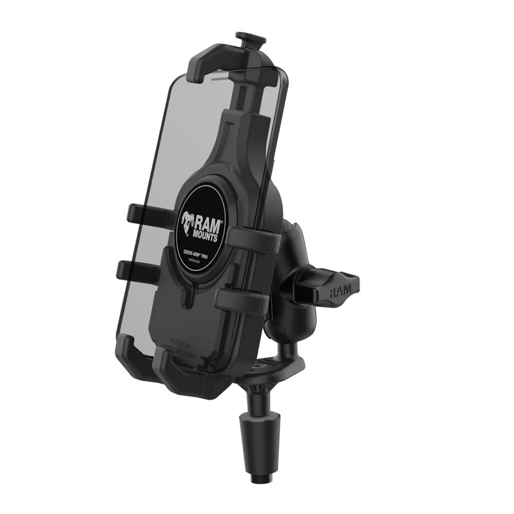 RAM Mounts Quick-Grip Pro Motorrad-Set für Lenkkopfhalterung - B-Kugel (1 Zoll) - 1x Diamond (Trapez) Basisplatte (AMPS) - Kurzer Verbindungsarm (ca. 61,46 mm) - 1x Gabelschaft-Basis (Durchmesser 12 - 38 mm) – Produktansicht