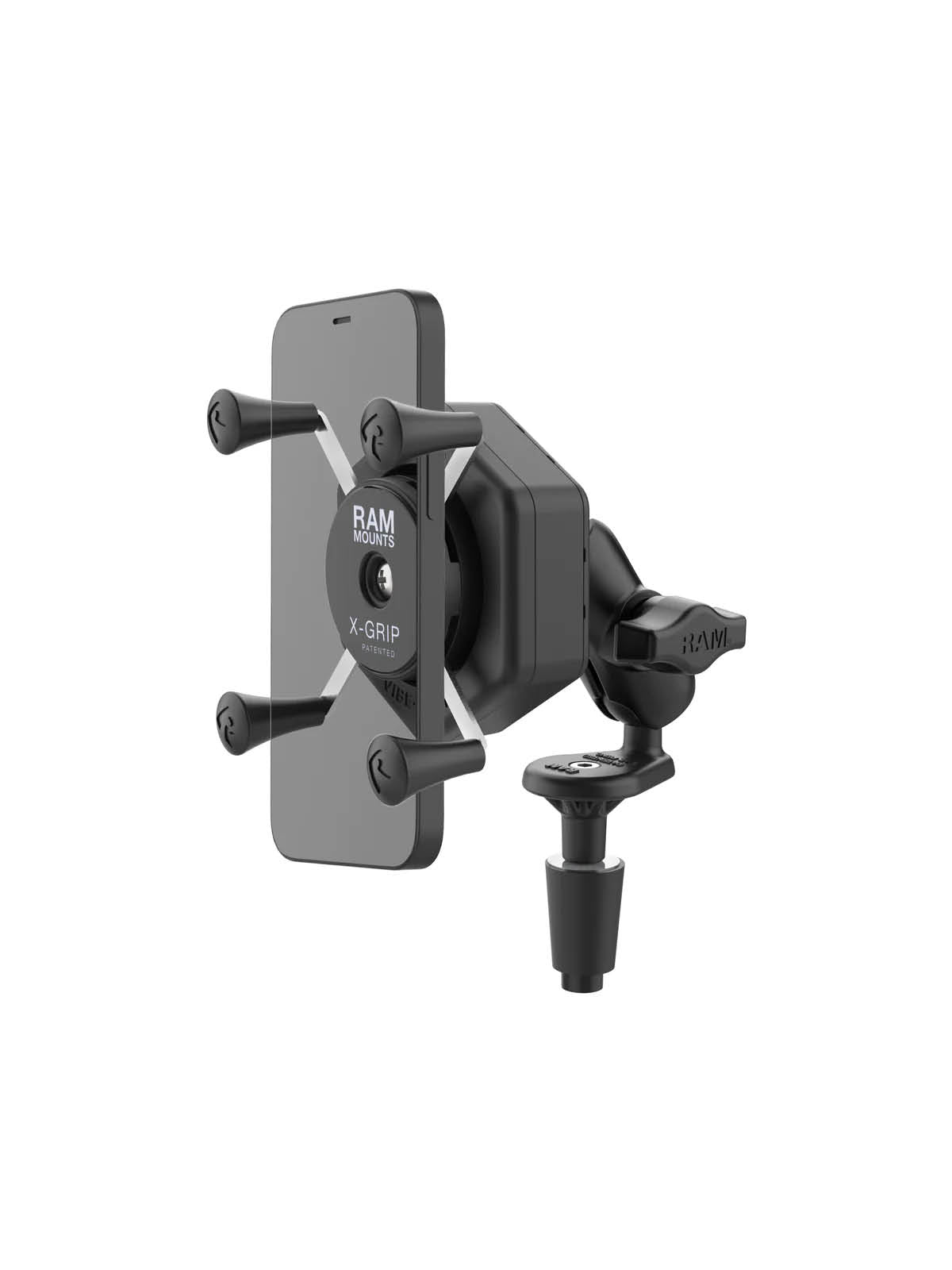 RAM Mounts X-Grip Motorrad-Halterung für Smartphones bis 82,6 mm Breite mit Vibe-Safe Adapter - B-Kugel (1 Zoll), Lenkerkopf-Basis, kurzer Verbindungsarm – Produktansicht