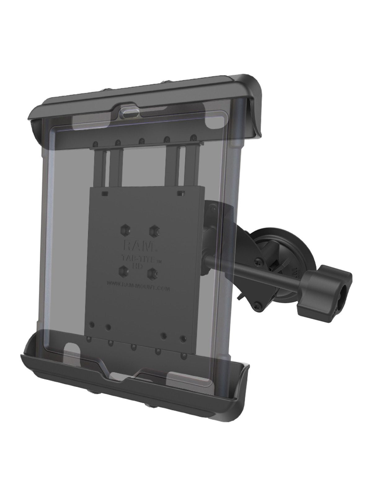 RAM Mounts Doppel-Saugfuss-Halterung für Apple iPad Gen 1-4 (mit Schutzhüllen/-gehäusen) - B-Kugel (1 Zoll), Tab-Tite Halteschale, kurzer Verbindungsarm (mit langem Feststellhebel) – Produktansicht