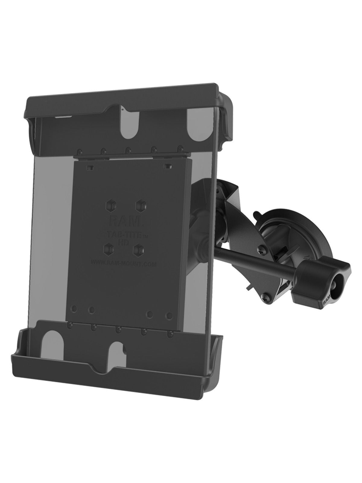 RAM Mounts Doppel-Saugfuss-Halterung für 9-10,5 Zoll Tablets (mit Schutzhüllen/-gehäusen) - B-Kugel (1 Zoll), Tab-Tite Halteschale, kurzer Verbindungsarm (mit langem Feststellhebel) – Produktansicht