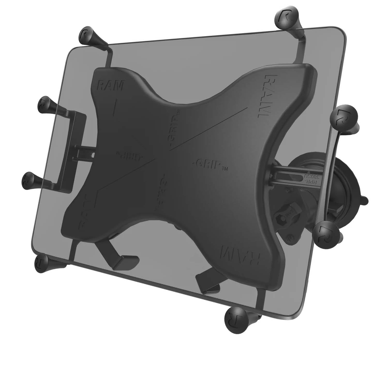 RAM Mounts X-Grip Doppel-Saugfuß-Halterung (Gewölbte Oberflächen) für 9-11 Zoll Tablets - Runde Basiskugel - Kurzer Verbindungsarm - Saugfuß mit Trapez Basiskugel - B-Kugel (1 Zoll) - Schrauben-Set – Produktansicht