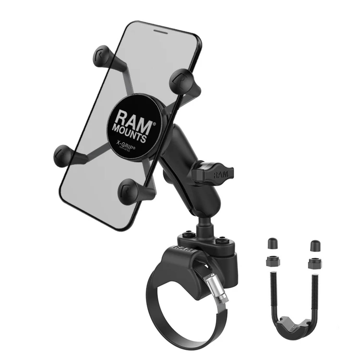 RAM Mounts X-Grip Rohr-Halterung für Smartphones - Bis 82,55 mm Breite - Mittlerer Verbindungsarm - U-Bügel-/Klemmschellen Basis - B-Kugel (1 Zoll) - Schrauben-Set – Produktansicht