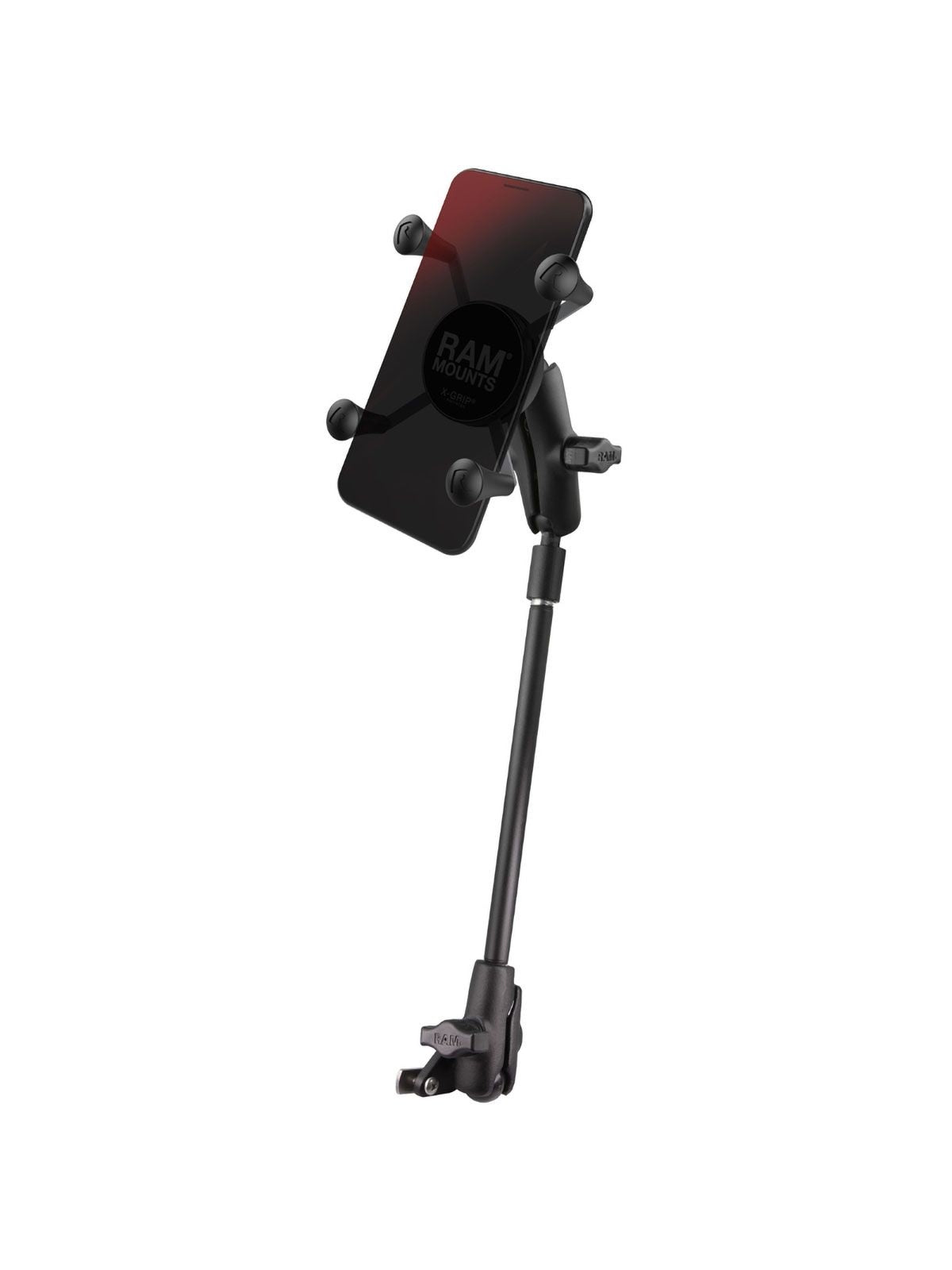 RAM Mounts X-Grip Smartphone-Halterung für Rollstühle (Sitzschienen) - Bis 82,55 mm Breite - Mittlerer Verbindungsarm - RAM Pipe Verlängerung (ca. 400 mm Länge) - Trapez-Adapter Basiskugel - B-Kugel (1 Zoll) – Produktansicht