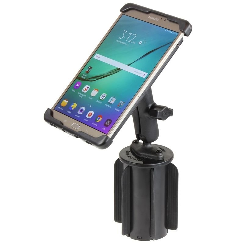 RAM Mounts Fahrzeughalterungs-Set mit Tab-Tite Universalhalterung für bis zu 8 Zoll Tablets - B-Kugel (1 Zoll) - Getränkehalter-Basis - Mittlerer Verbindungsarm (ca. 94,74 mm) - 2x Diamond (Trapez) Basisplatte – Produktansicht