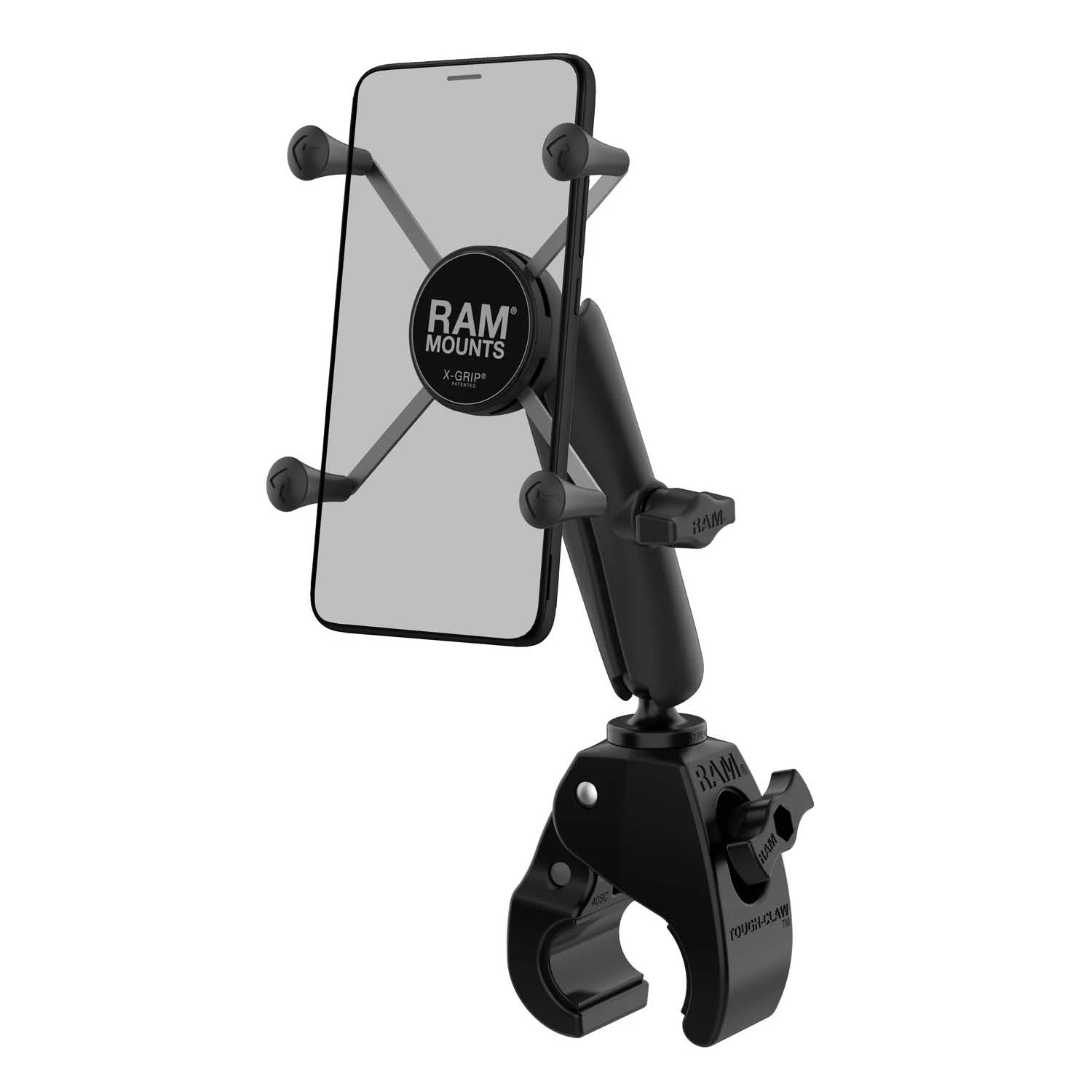 RAM Mounts Tough-Claw X-Grip Halterung für Smartphones (bis 114,3 mm Breite) - B-Kugel (1 Zoll), langer Verbindungsarm, Tough-Claw mittel (Durchmesser 25,4-40,64 mm) – Produktansicht
