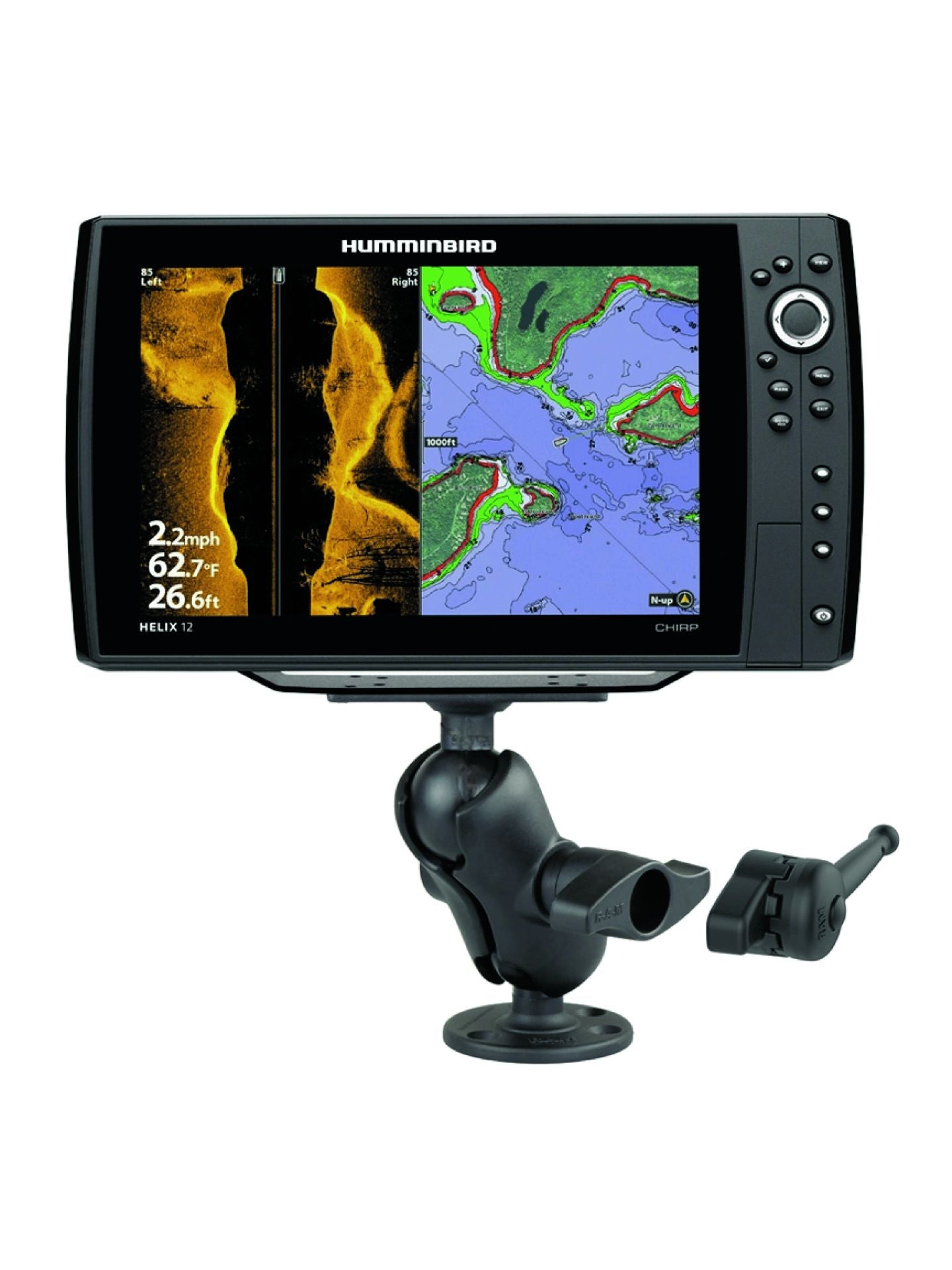 RAM Mounts Marine Mounting Kit Humminbird Helix 8-15 / Solix / Apex - D-ball (2.25 inch), round base, short connecting arm, adapter plate, screw guide