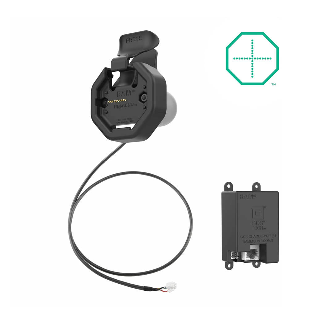 RAM Mounts GDS Uni-Conn Snap-In Ladesockel - 2-Lochmuster AMPS - RJ45-Anschluss - PoE zu PD-Lademodul - Schrauben-Set – Produktansicht