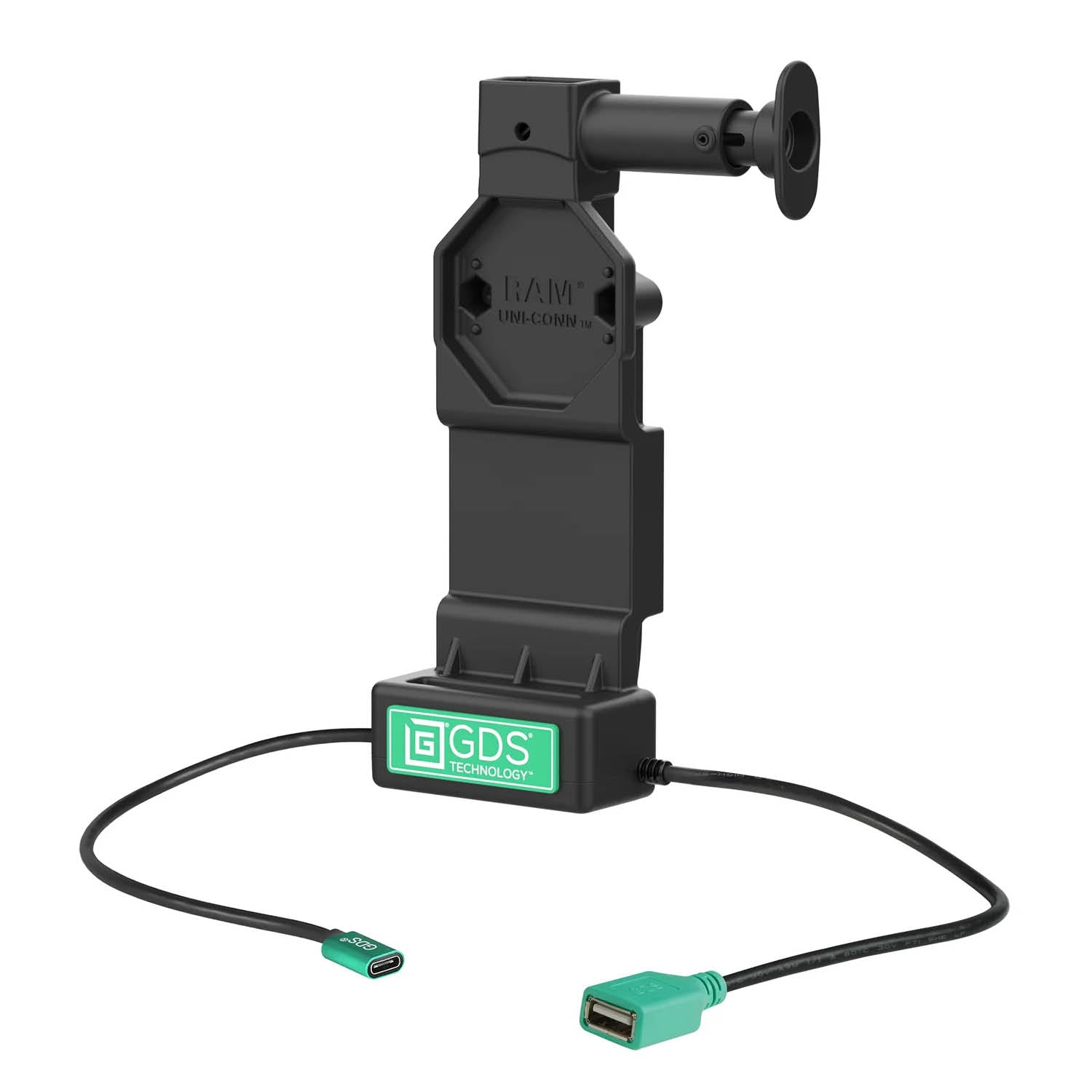 RAM Mounts GDS Uni-Conn Ladedock mit Entriegelungsknopf - 2-Loch AMPS - USB-C & USB-A-Anschluss - Schrauben-Set – Produktansicht
