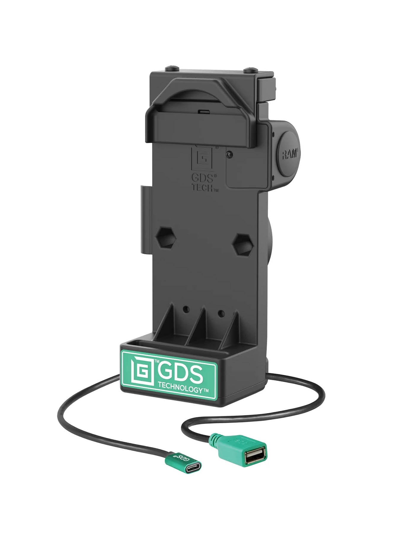 RAM Mounts GDS Uni-Conn Sprunggefederte Ladestation - 2-Lochmuster AMPS - USB-C & USB-A-Anschluss - Schrauben-Set – Produktansicht
