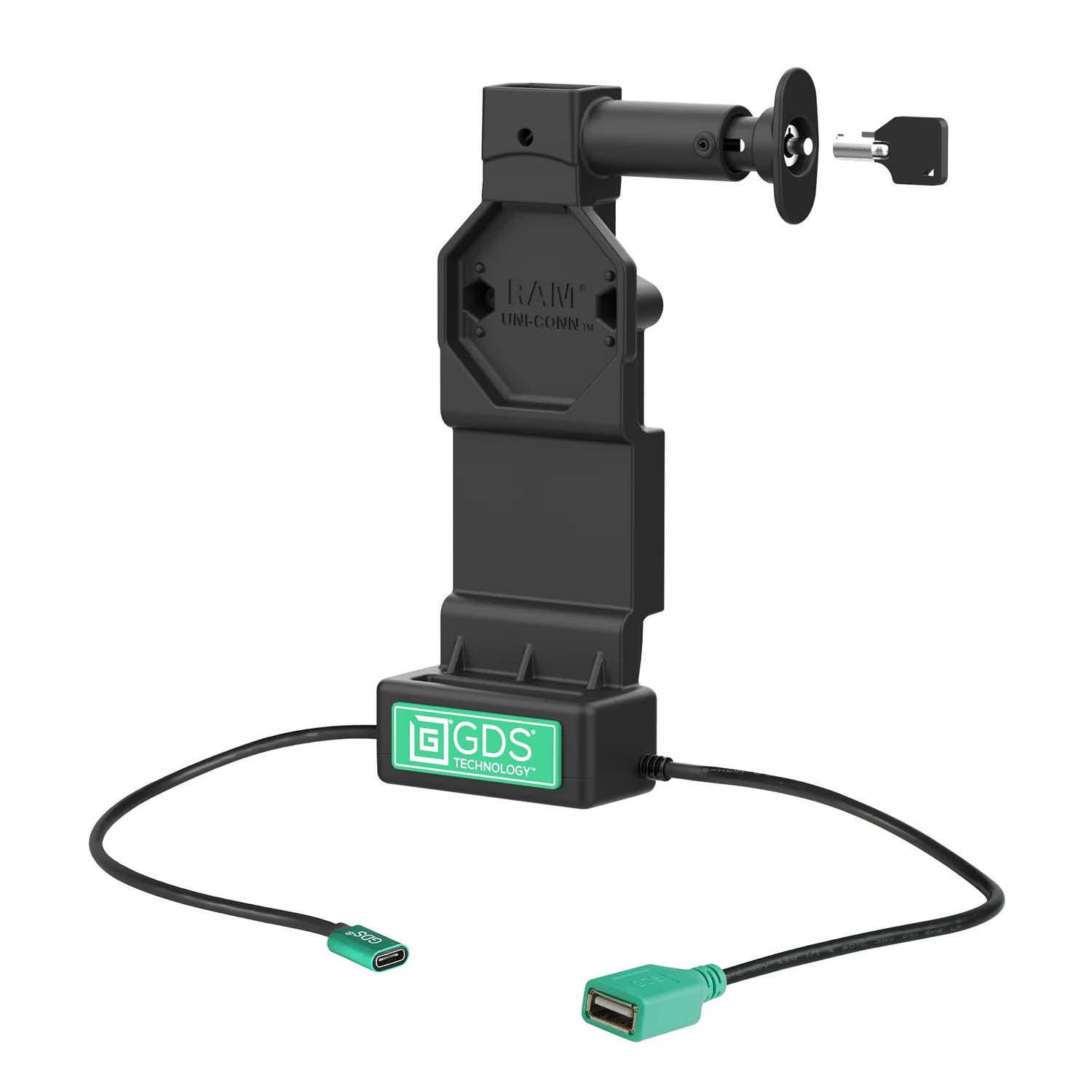 RAM Mounts GDS Uni-Conn Ladedock (Schlüsselverriegelung) mit Entriegelungsknopf - 2-Loch AMPS - USB-C & USB-A-Anschluss - Schrauben-Set – Produktansicht