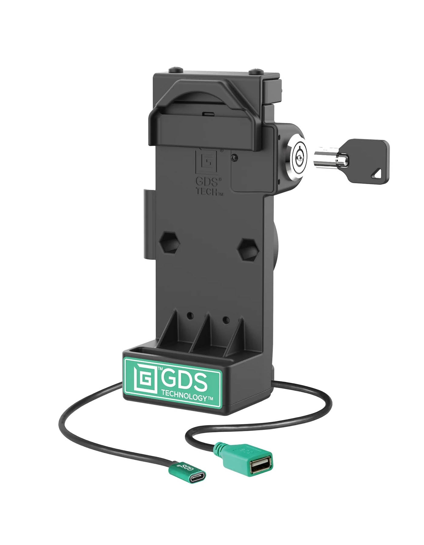 RAM Mounts GDS Uni-Conn Sprunggefederte Ladestation mit Schlüsselverriegelung - 2-Lochmuster AMPS - USB-C & USB-A-Anschluss - Schrauben-Set – Produktansicht