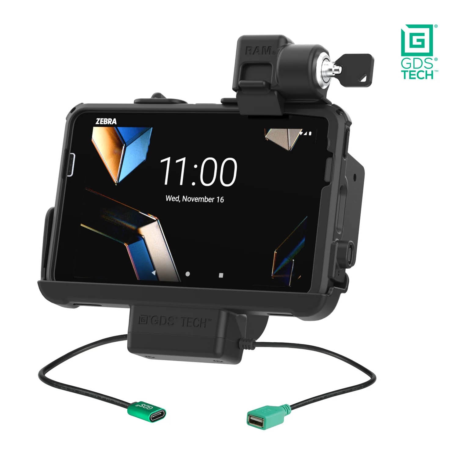 RAM Mounts GDS Form-Fit Halteschale (Schlüsselverriegelung) für Zebra ET401, ET40 & ET45 (8 Zoll) Tablets in IntelliSkin Schutzhülle - USB-C & USB-A-Anschluss – Produktansicht