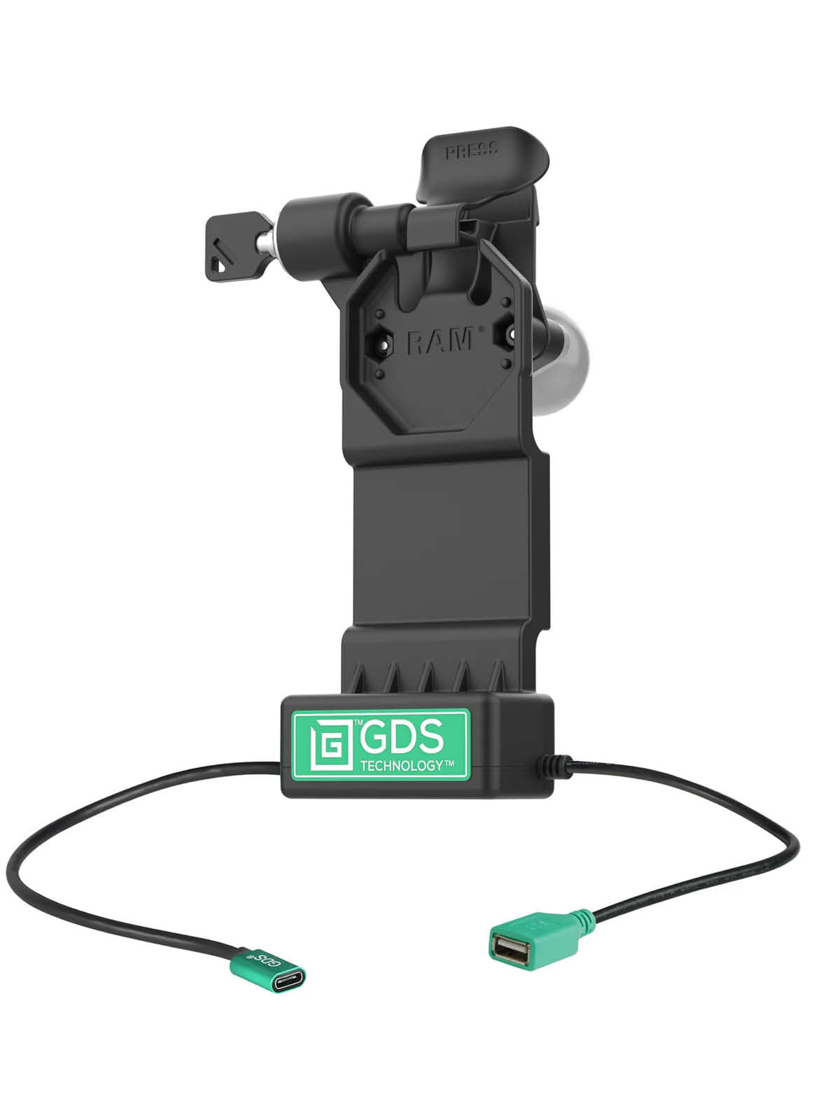 RAM Mounts GDS Uni-Conn Ladestation mit Schlüsselverriegelung (Links) - 2-Lochmuster AMPS - USB-C & USB-A-Anschluss - Schrauben-Set – Produktansicht