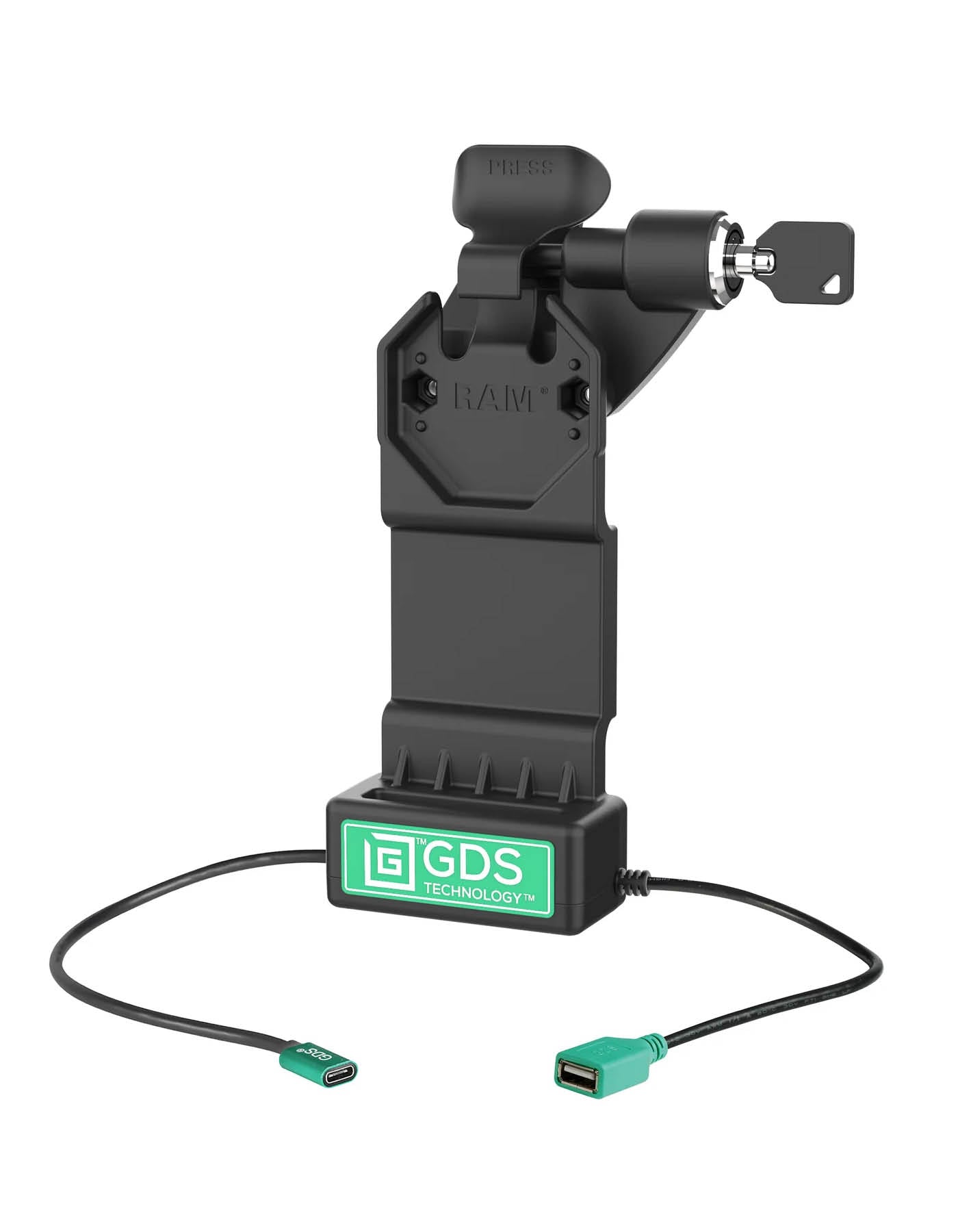 RAM Mounts GDS Uni-Conn Ladestation mit Schlüsselverriegelung (Rechts) - 2-Lochmuster AMPS - USB-C & USB-A-Anschluss - Schrauben-Set – Produktansicht