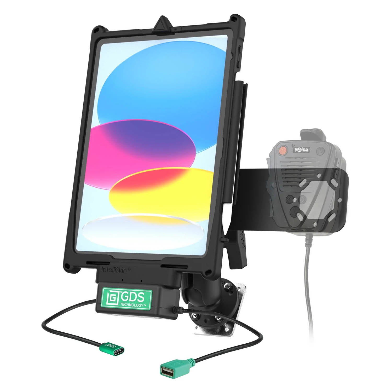 RAM Mounts GDS Uni-Conn Fahrzeug-Ladestation für Apple iPad 10./11. Gen. mit Aina PTT Vorrichtung - C-Kugel (1,5 Zoll), 4-Loch AMPS – Produktansicht
