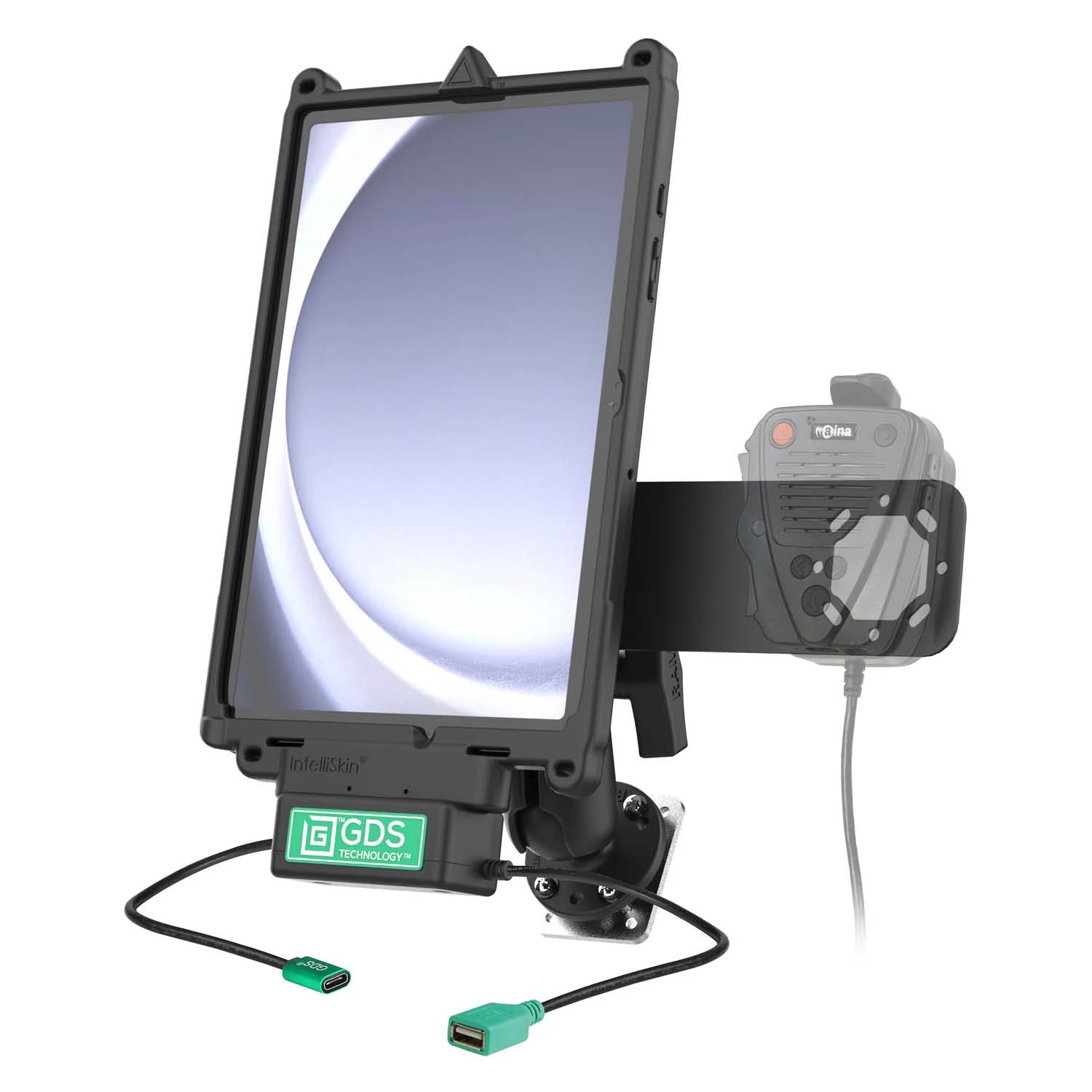 RAM Mounts GDS Uni-Conn Fahrzeug-Ladestation für Samsung Tab A9+ mit Aina PTT Vorrichtung - C-Kugel (1,5 Zoll), 4-Loch AMPS – Produktansicht