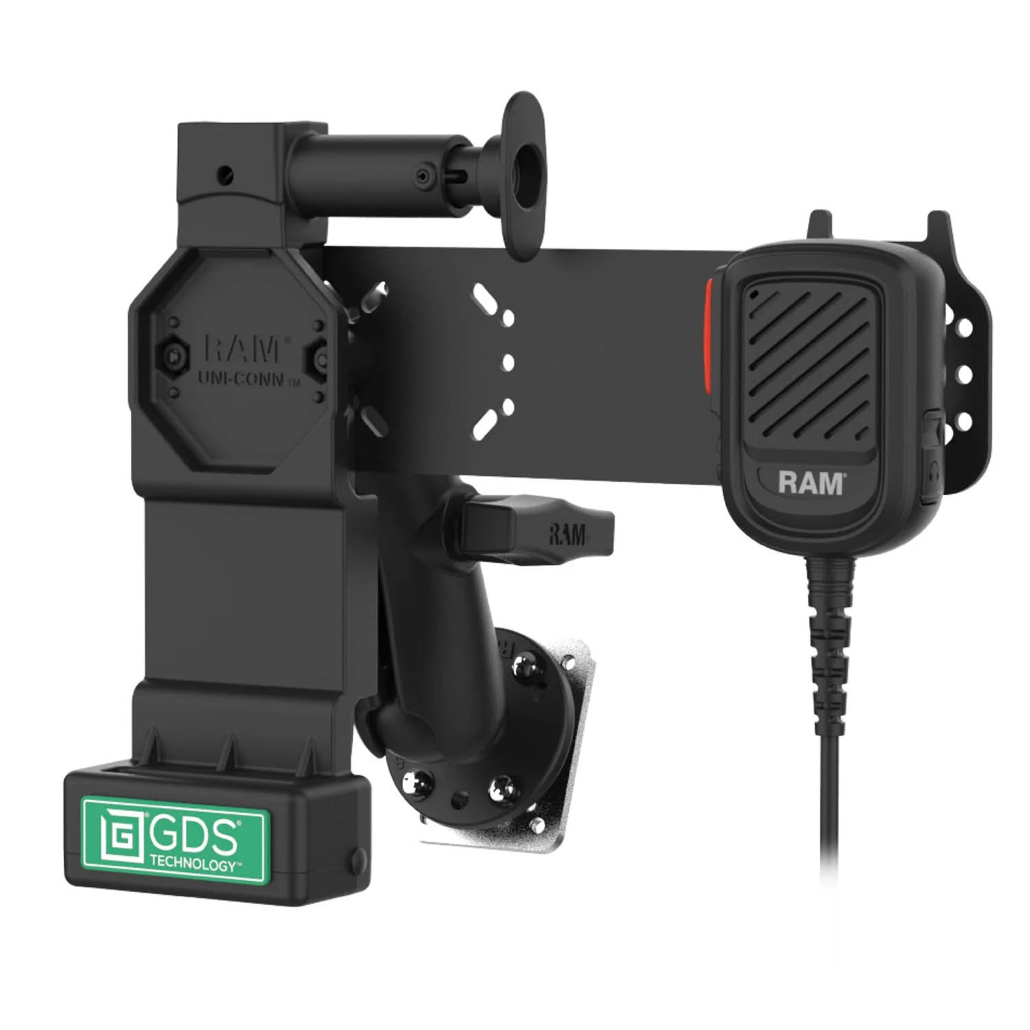 RAM Mounts GDS® Uni-Conn™ Fahrzeughalterung inkl. PTT Mikrofon mit Lautsprecher für ESChat - C-Kugel (1,5 Zoll), 4-Loch AMPS – Produktansicht