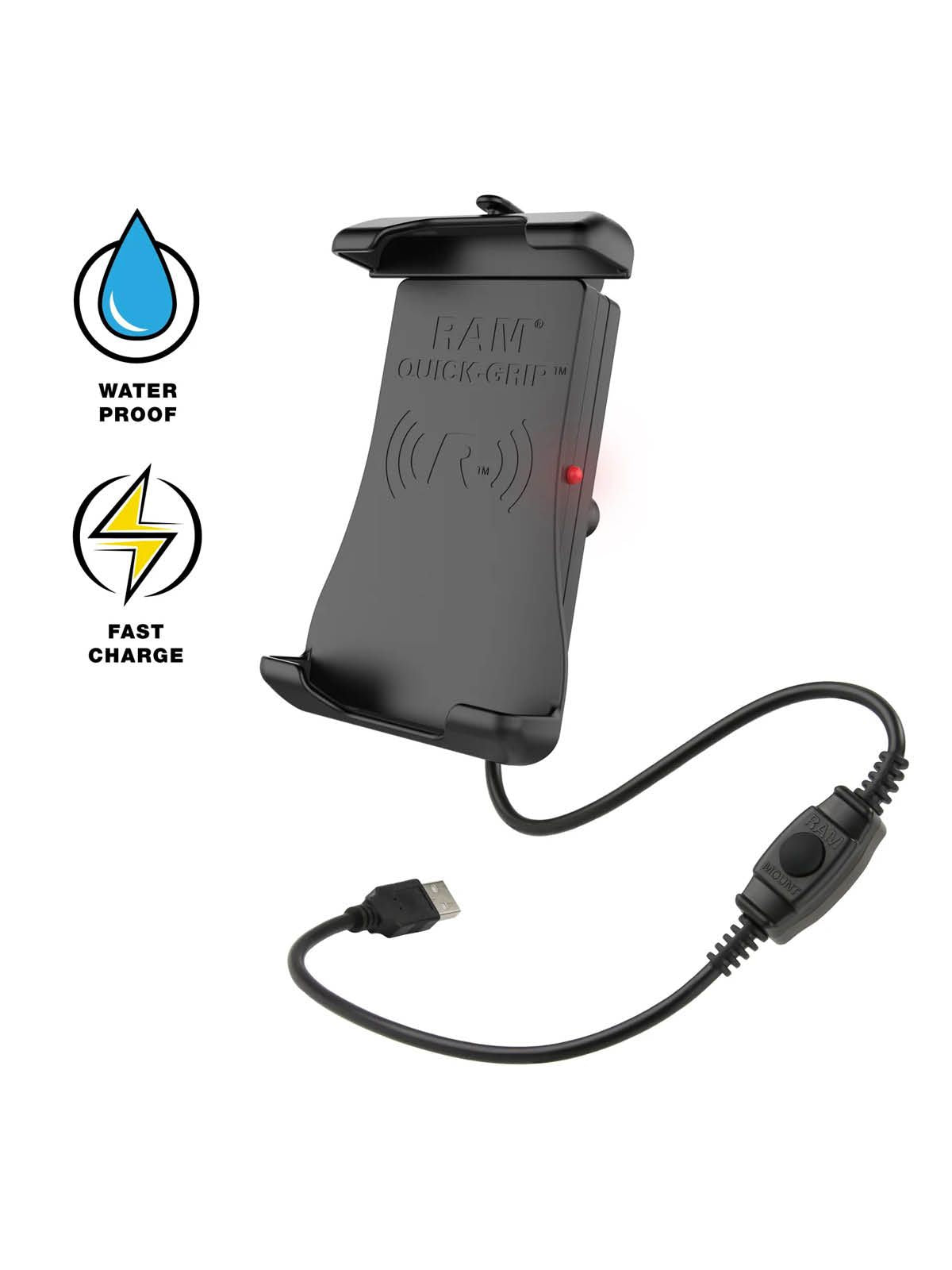 RAM Mounts Quick-Grip Halteschale für Smartphones mit Ladefunktion - B-Kugel (1 Zoll), QI kompatibel, spritzwassergeschützt, USB-A, inkl. Diamond-Basisplatte (Trapez) – Produktansicht