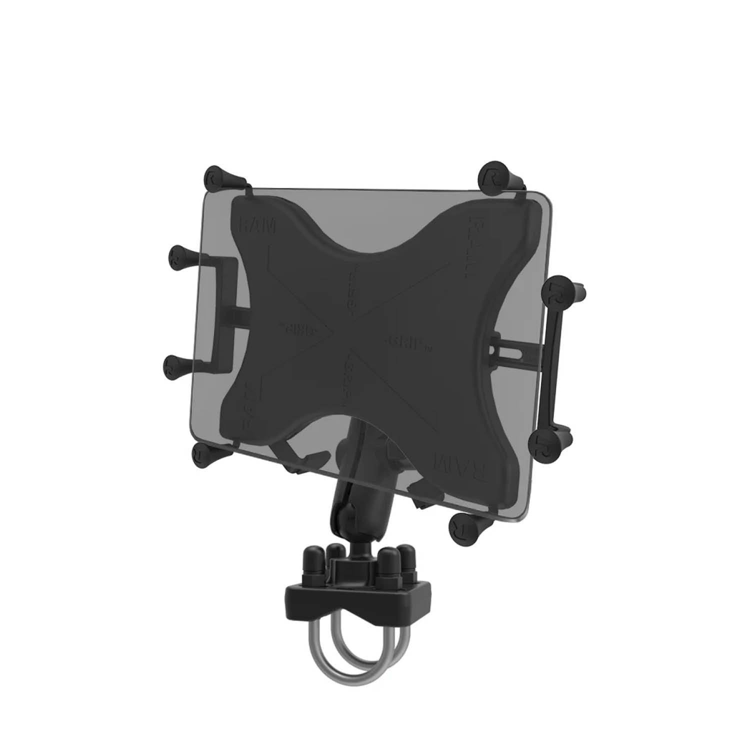 RAM Mounts X-Grip Aufbau-Halterung für 9-11“ Tablets - Runde Basisplatte - Mittlerer Verbindungsarm - Doppel U-Bügel Basis (Durchmesser 25,4 mm bis 31,75 mm) - C-Kugel (1,5 Zoll) - Schrauben-Set – Produktansicht