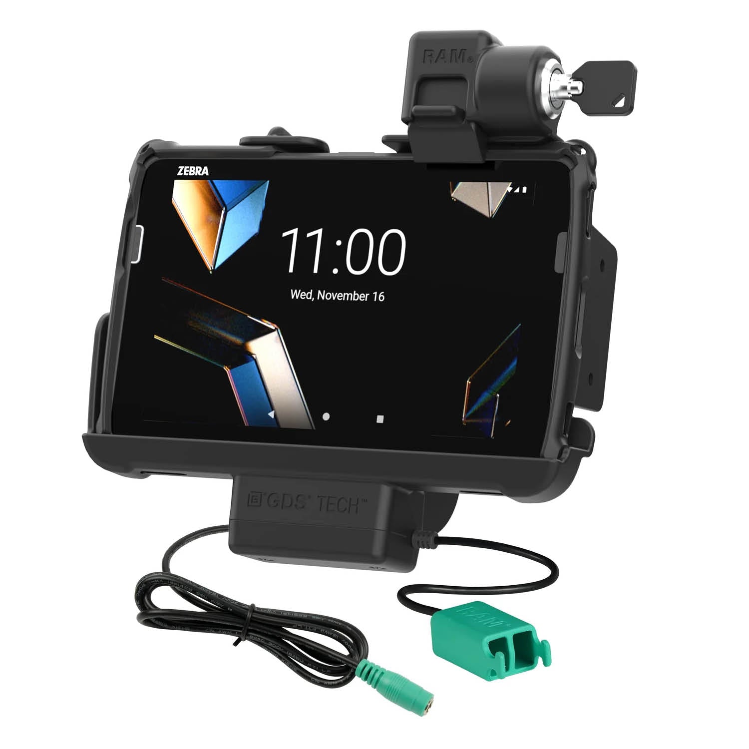 RAM Mounts Form-Fit Halteschale (Schlüsselverriegelung) für Zebra ET401, ET40 & ET45 (8 Zoll) Tablets - In Rugged Boot/RAM Schutzhülle (ET401) - 5.5mm DC-Stromversorgung & Dual USB-A-Anschluss – Produktansicht