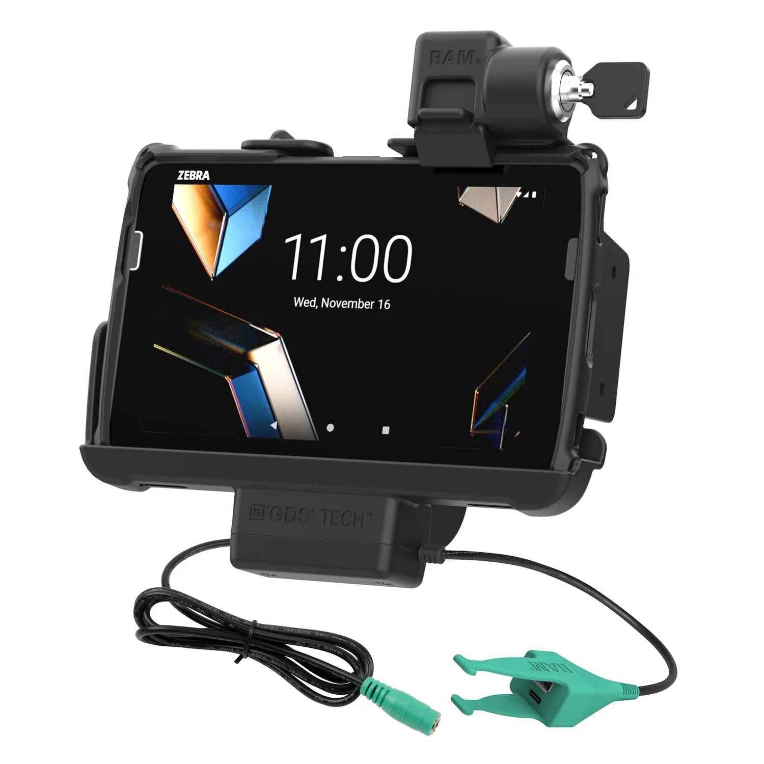 RAM Mounts Form-Fit Halteschale (Schlüsselverriegelung) für Zebra ET401, ET40 & ET45 (8 Zoll) Tablets - In Rugged Boot/RAM Schutzhülle (ET401) - 5.5mm DC-Stromversorgung & USB-A/USB-C-Anschluss – Produktansicht