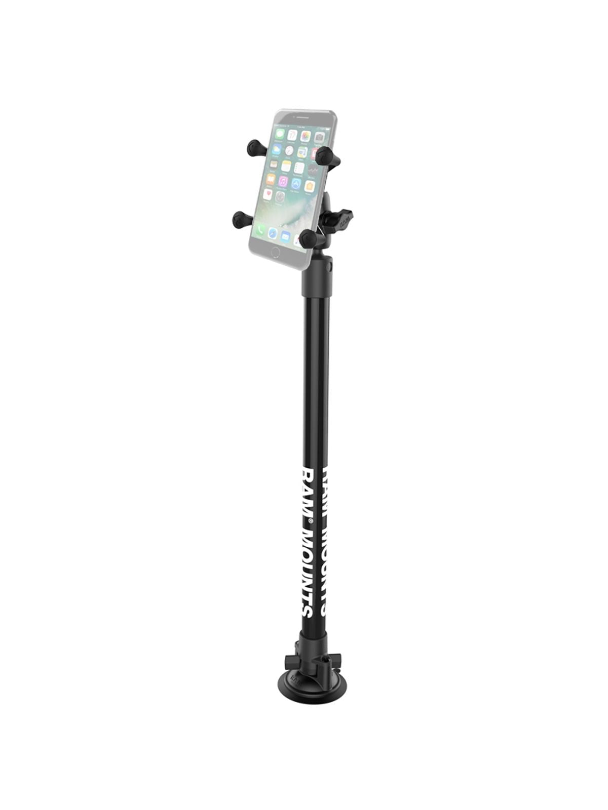 RAM Mounts Stand-Saugfuss mit Universal X-Grip Klammer für Smartphones - Saugfuss, Kunststoffrohr (ca. 450 mm), kurzer Verbindungsarm, X-Grip Halteklammer, B-Kugel (1 Zoll) – Produktansicht