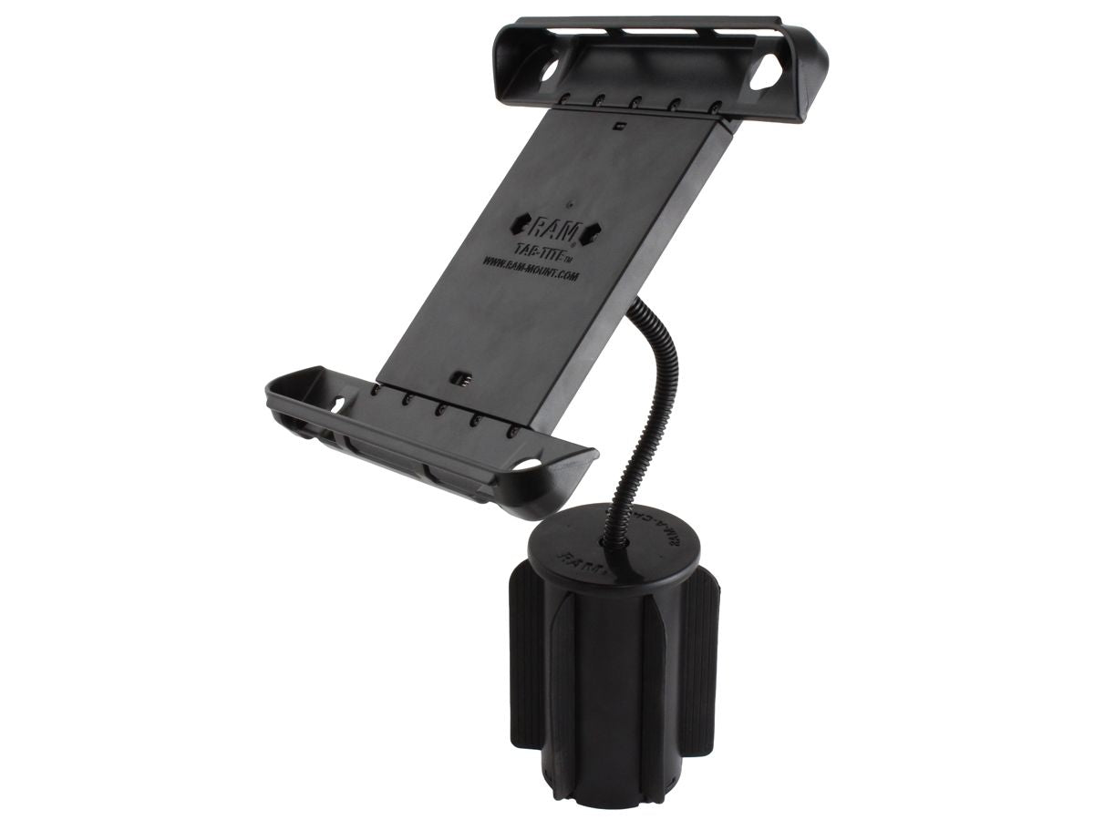 RAM Mounts RAM-A-CAN II Universal Verbundstoff-Halterung für Tablets (10 Zoll) - für Fahrzeug-Getränkehalter, Basis mit Gummilippen, flexibler Arm (ca. 150 mm), Tab-Tite Halteschale – Produktansicht
