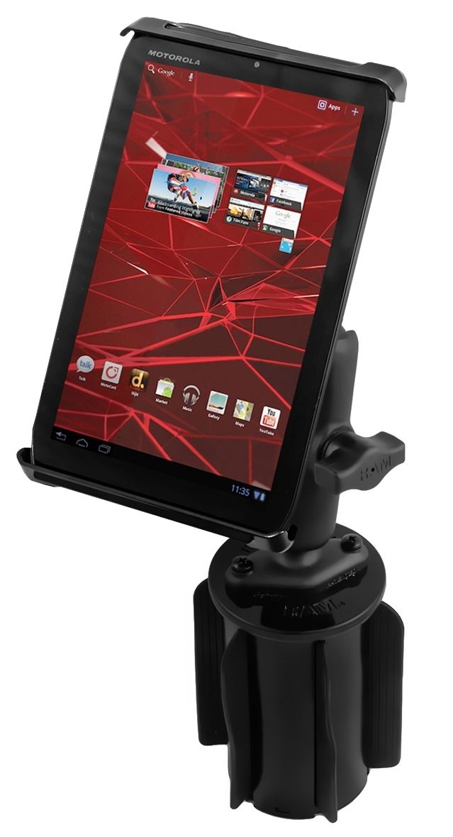 RAM Mounts RAM-A-CAN II Universal-Halterung für Tablets (7 Zoll) - für Fahrzeug-Getränkehalter, Basis mit Gummilippen, mittlerer Verbindungsarm, Halteschale, B-Kugel (1 Zoll) – Produktansicht