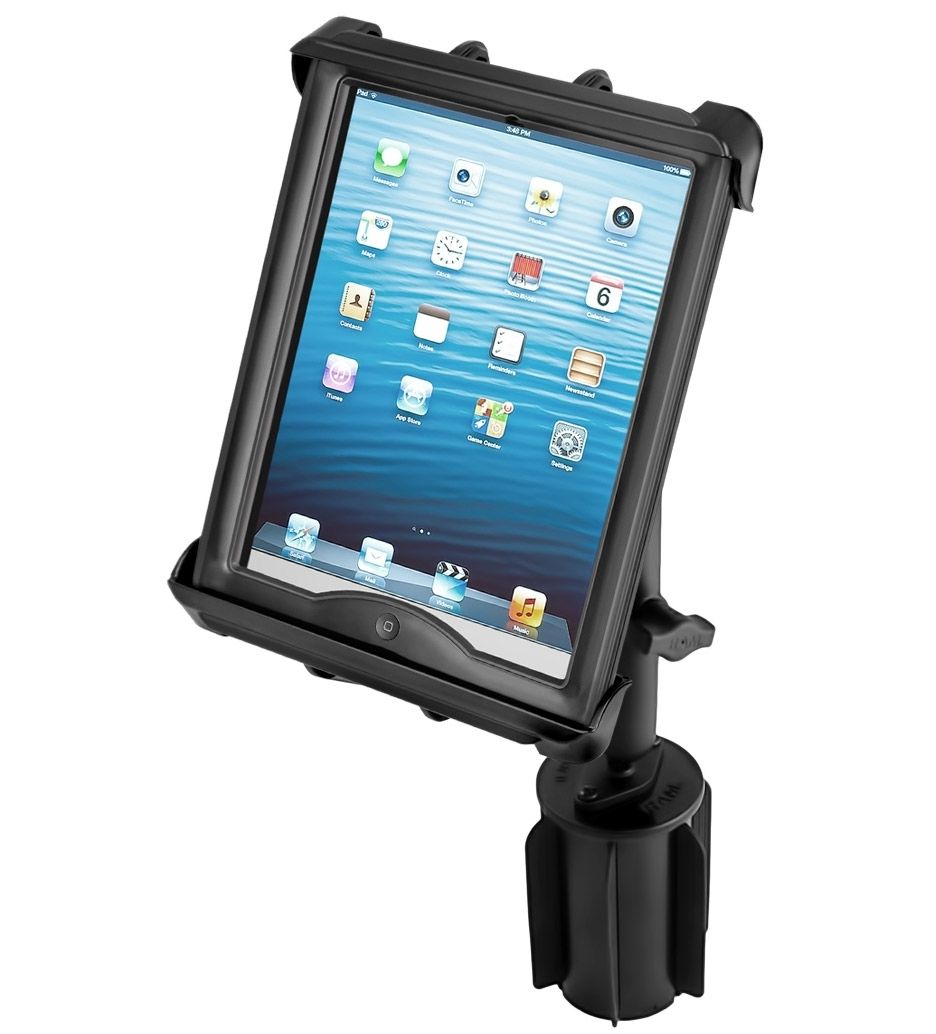 RAM Mounts RAM-A-CAN II Universal Verbundstoff-Halterung für Tablets (10 Zoll) - für Fahrzeug-Getränkehalter, Basis mit Gummilippen, langer Verbindungsarm, Tab-Tite Halteschale – Produktansicht