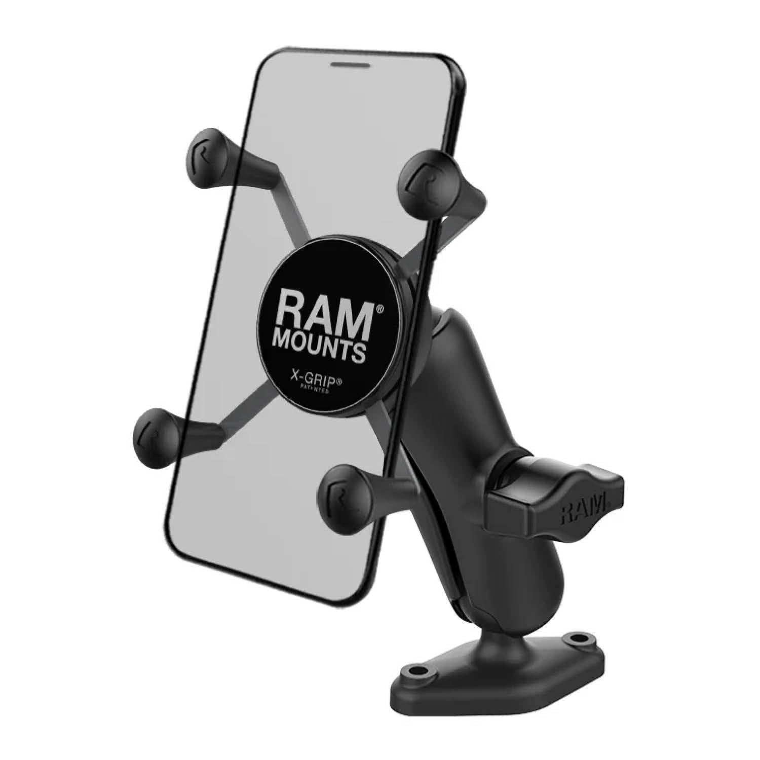 RAM Mounts X-Grip Aufbauhalterung für Smartphones (Verbundstoff) - Bis 82,55 mm Breite - Mittlerer Verbindungsarm - Diamond-Basisplatte (Trapez) - B-Kugel (1 Zoll) - Schrauben-Set – Produktansicht