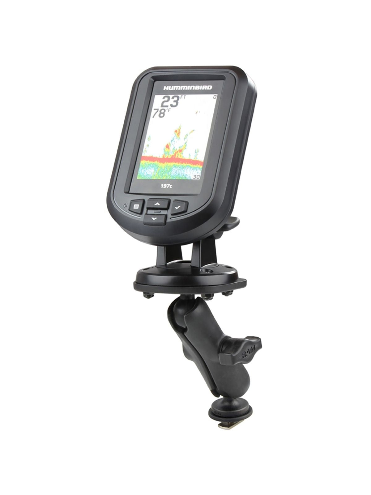 RAM Mounts Marine-Set Humminbird Piranha für Tough-Track Schienen - Kugel mit T-Slot, mittlerer Verbindungsarm, Adapterplatte, B-Kugel (1 Zoll), im Po – Produktansicht