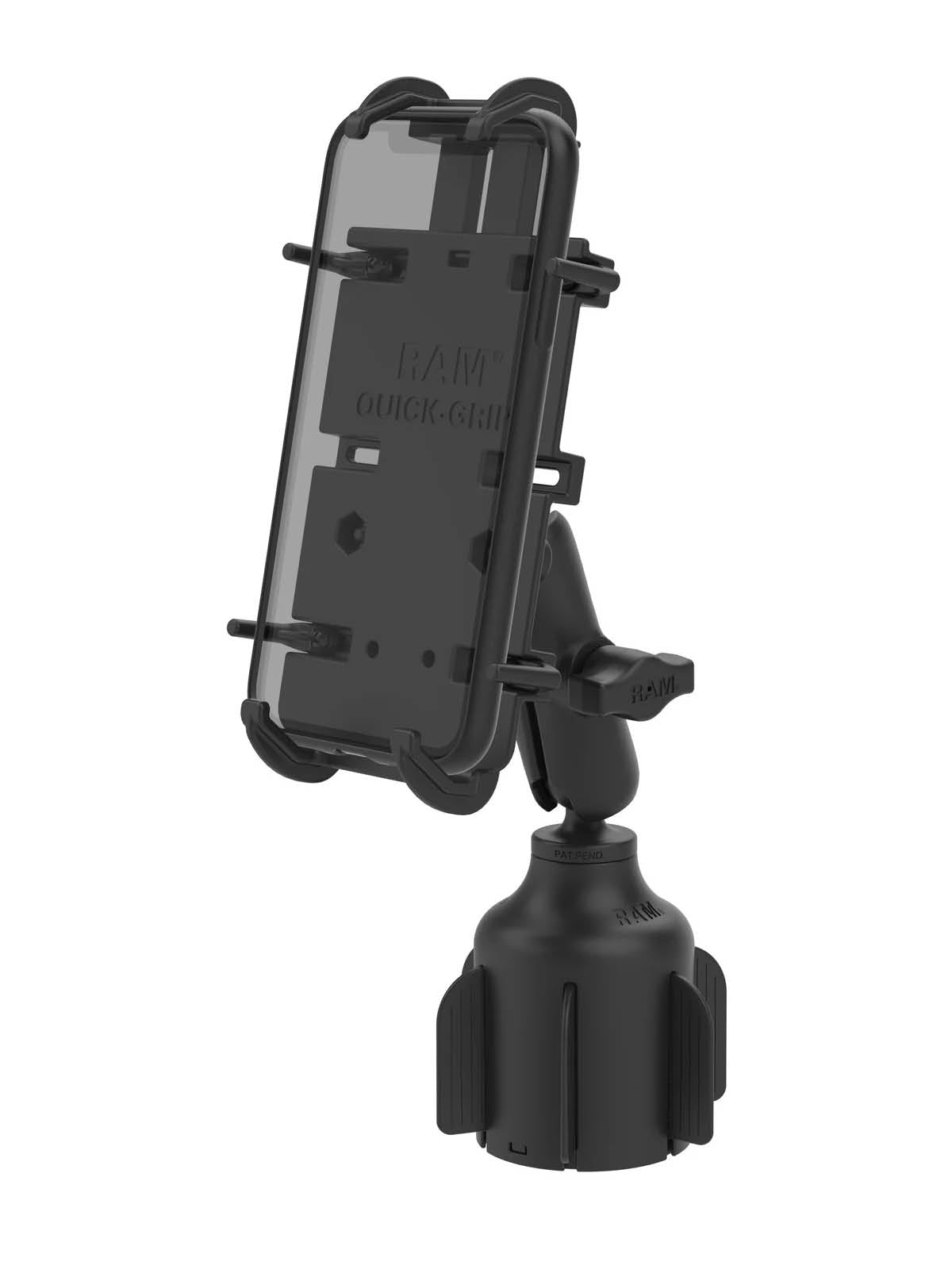 RAM Mounts Fahrzeug-Halterung mit Quick-Grip XL Halteklammer für Smartphones - B-Kugel (1 Zoll), Basis für Getränkehalter, mittlerer Verbindungsarm – Produktansicht