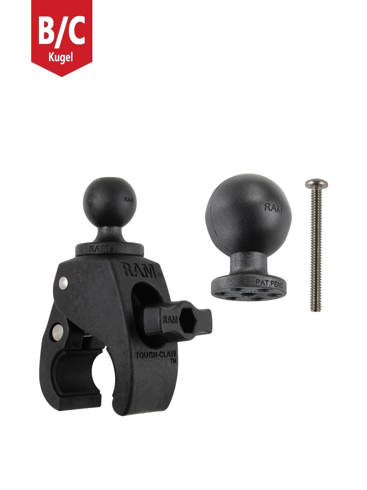 RAM Mounts Tough-Claw Halteklammer (klein) mit Feststellschraube - B-Kugel (1 Zoll), zusätzliche C-Kugel (1,5 Zoll), Durchmesser 15,9-29,0 mm – Produktansicht